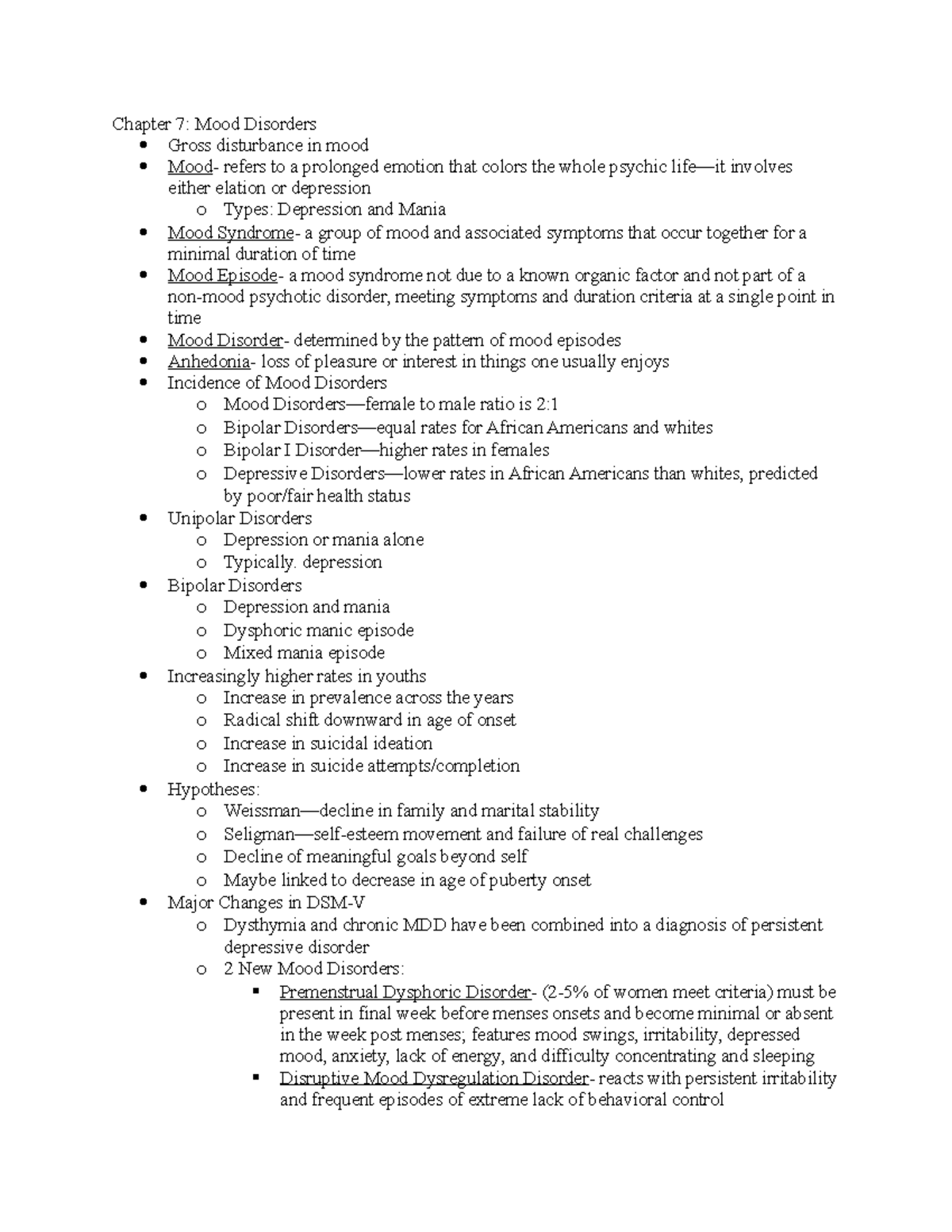 Chapter 7- Mood Disorders - Depression Bipolar Disorders O Depression ...