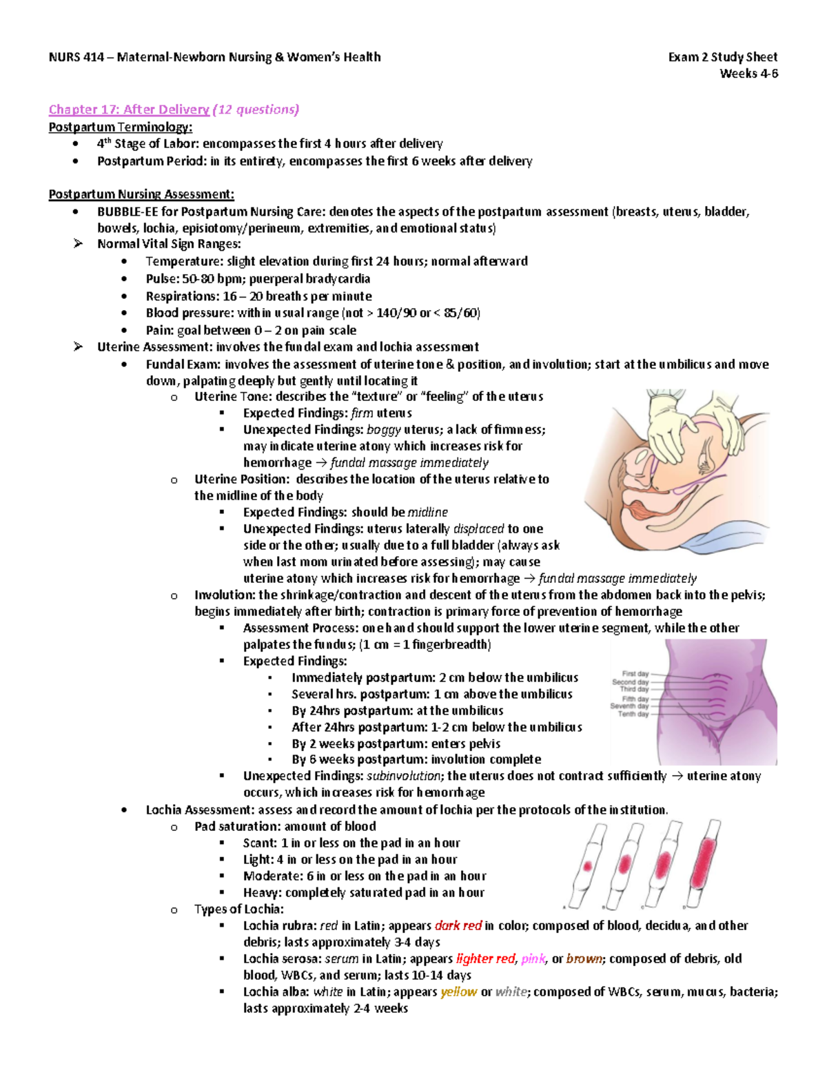 Nurs 414 Exam 2 Study Sheet Mods 2 3 Nurs 414 Maternal Newborn Nursing Amp Women S Health Exam Studocu