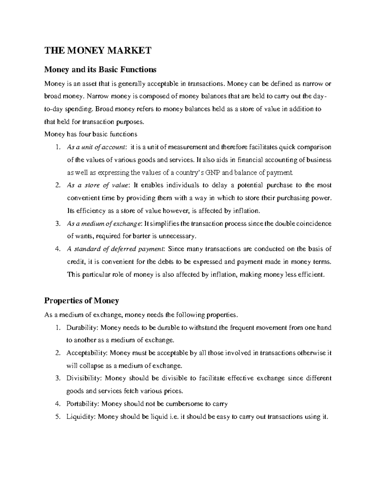 Lecture 8 - study notes - THE MONEY MARKET Money and its Basic ...