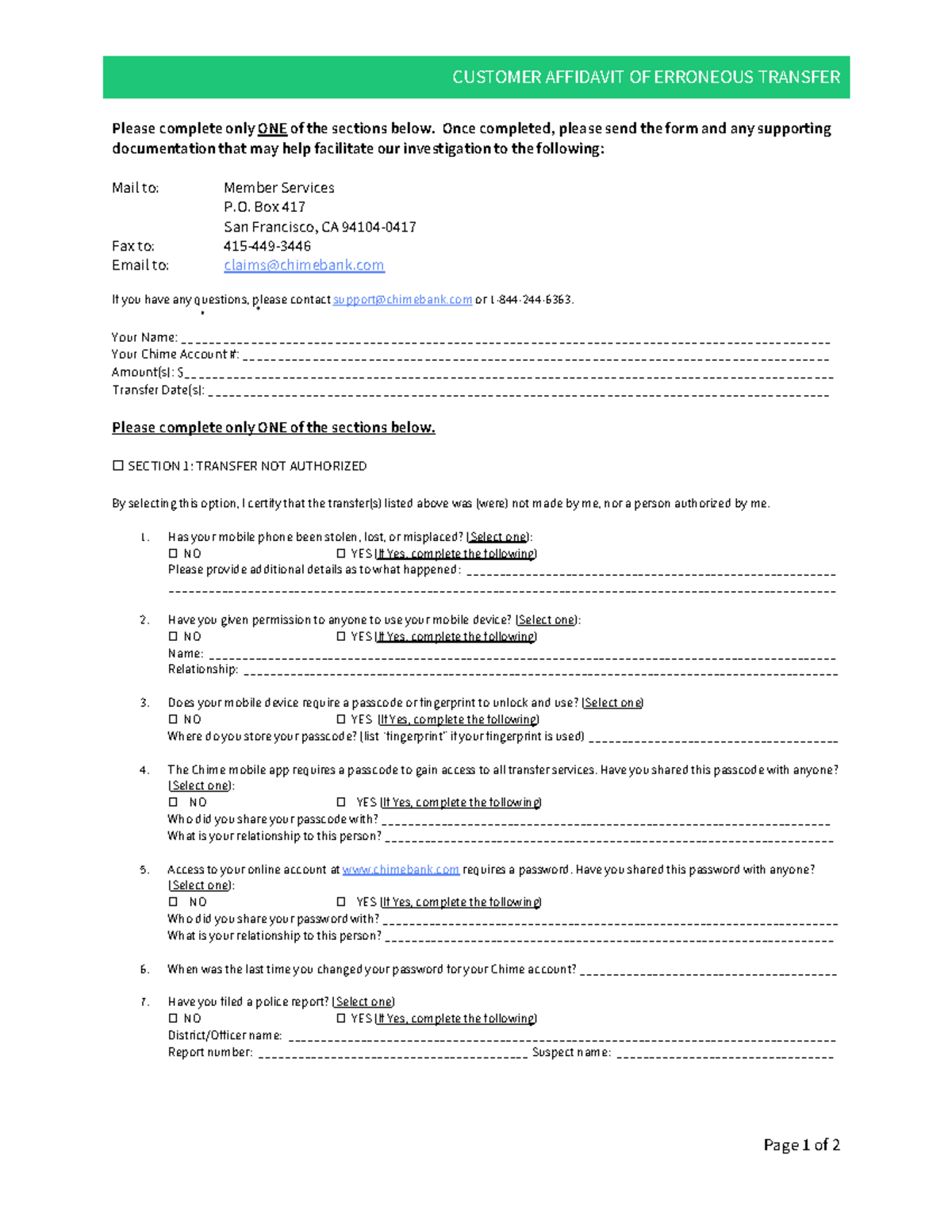 Customer Affidavit of Erroneous Transfer - CUSTOMER AFFIDAVIT OF ...