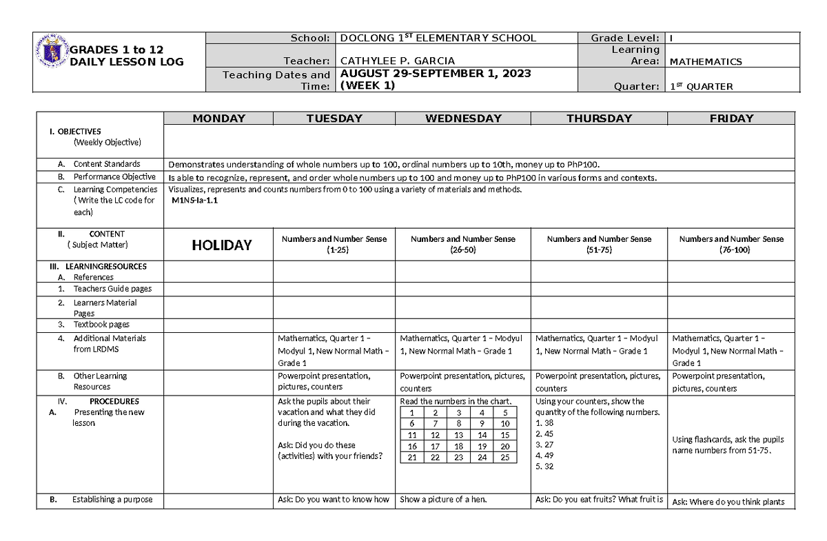 DLL Mathematics-1 Q1 W1 - GRADES 1 to 12 DAILY LESSON LOG School ...