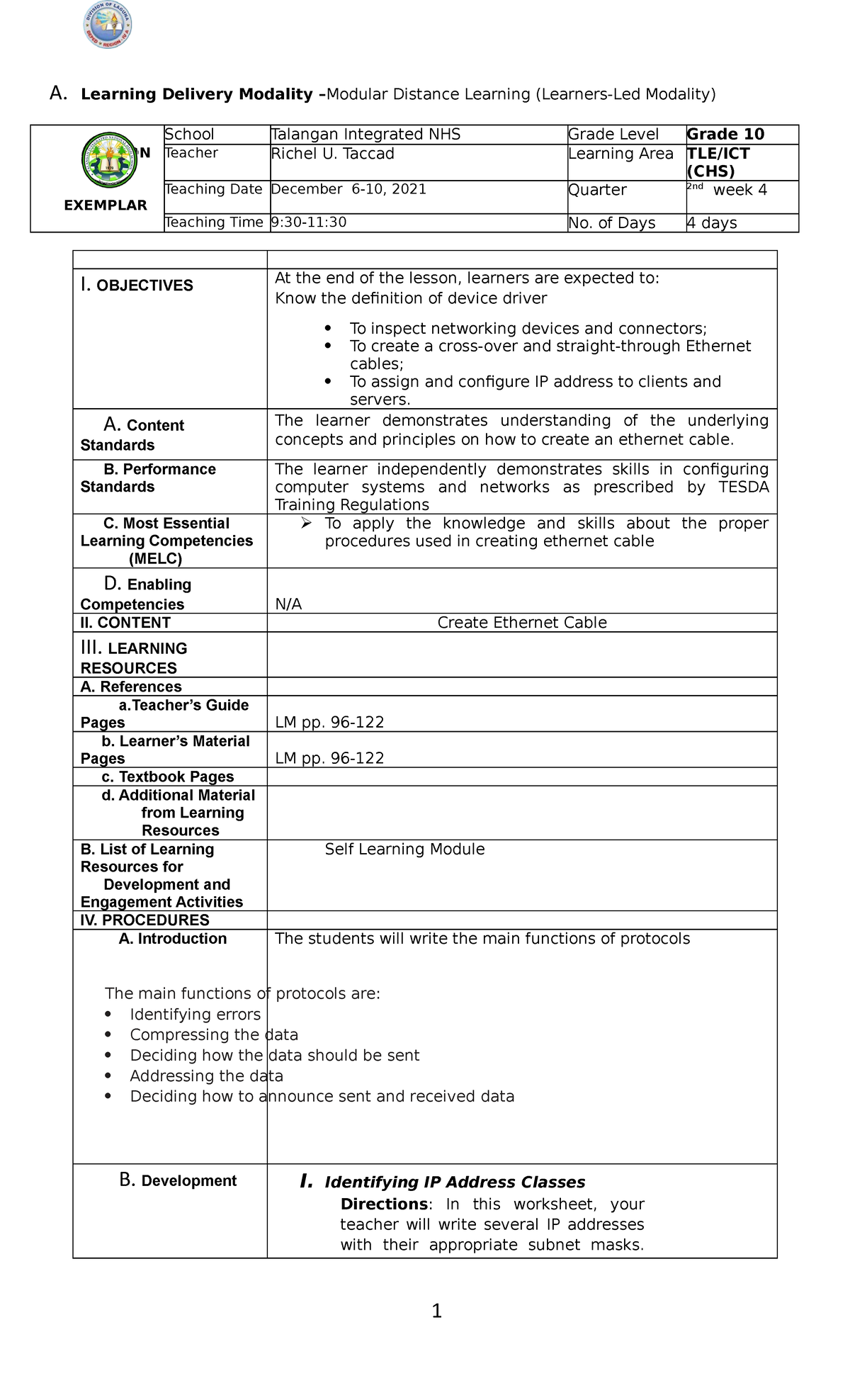 LE ICT CHS10 Q2 February 1-5-w4 - A. Learning Delivery Modality ...