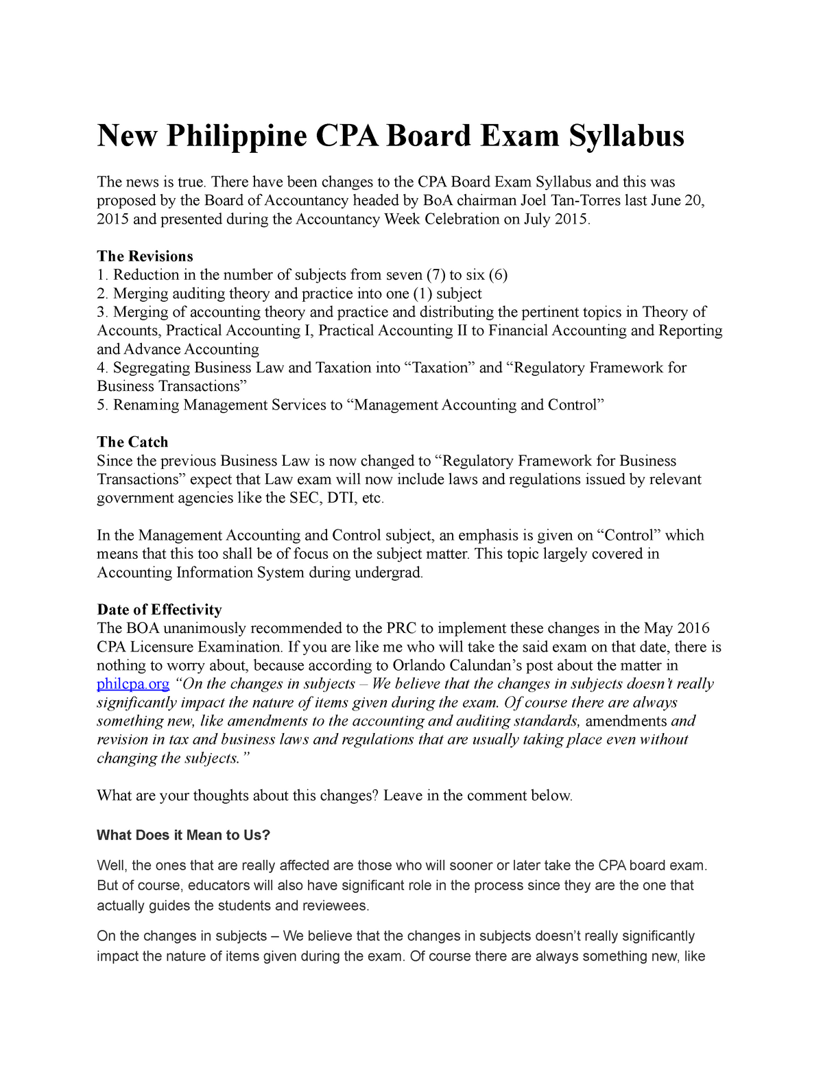 New Philippine CPA Board Exam Syllabus Accountancy BSA UE StuDocu