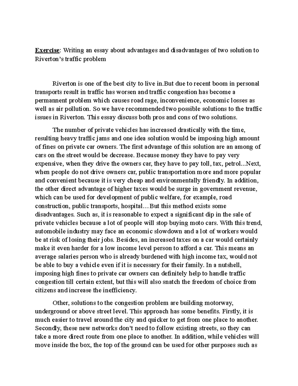 Solutions - Sollution about riverton traffic jams essay - Exercise ...
