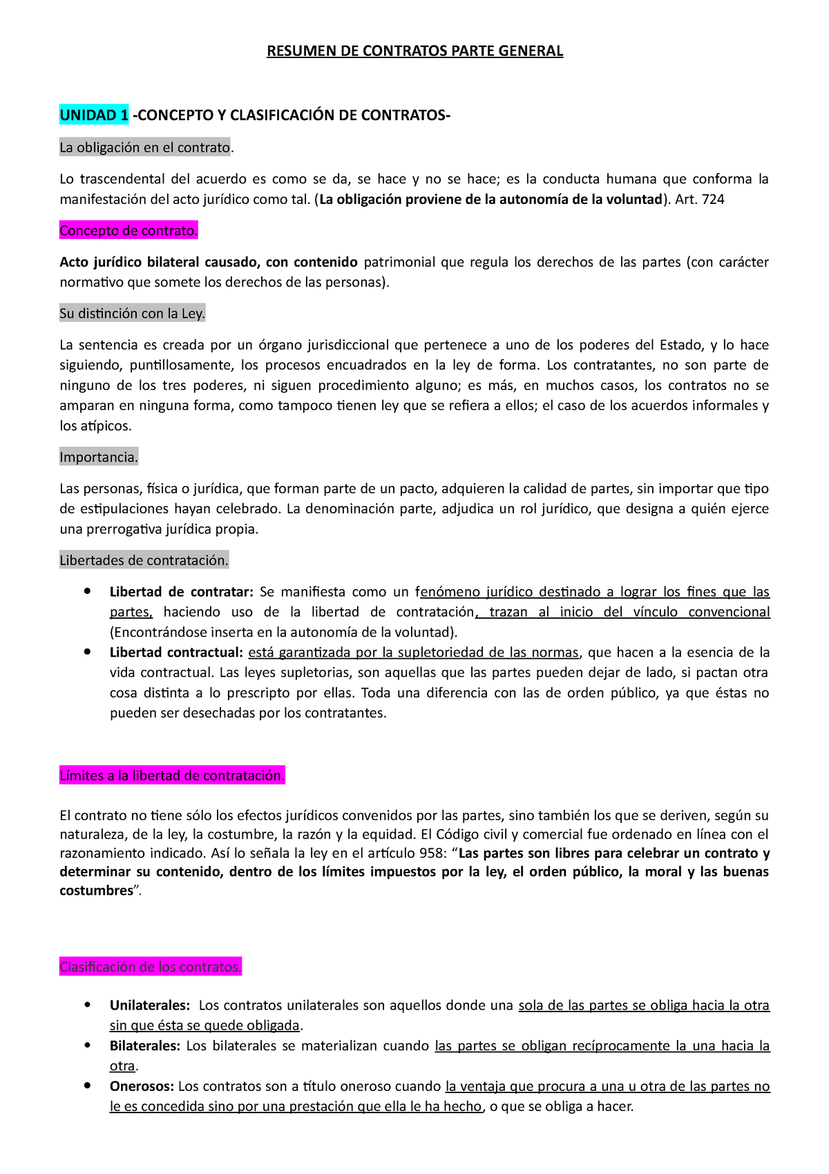 Resumen Contratos - RESUMEN DE CONTRATOS PARTE GENERAL UNIDAD 1 ...