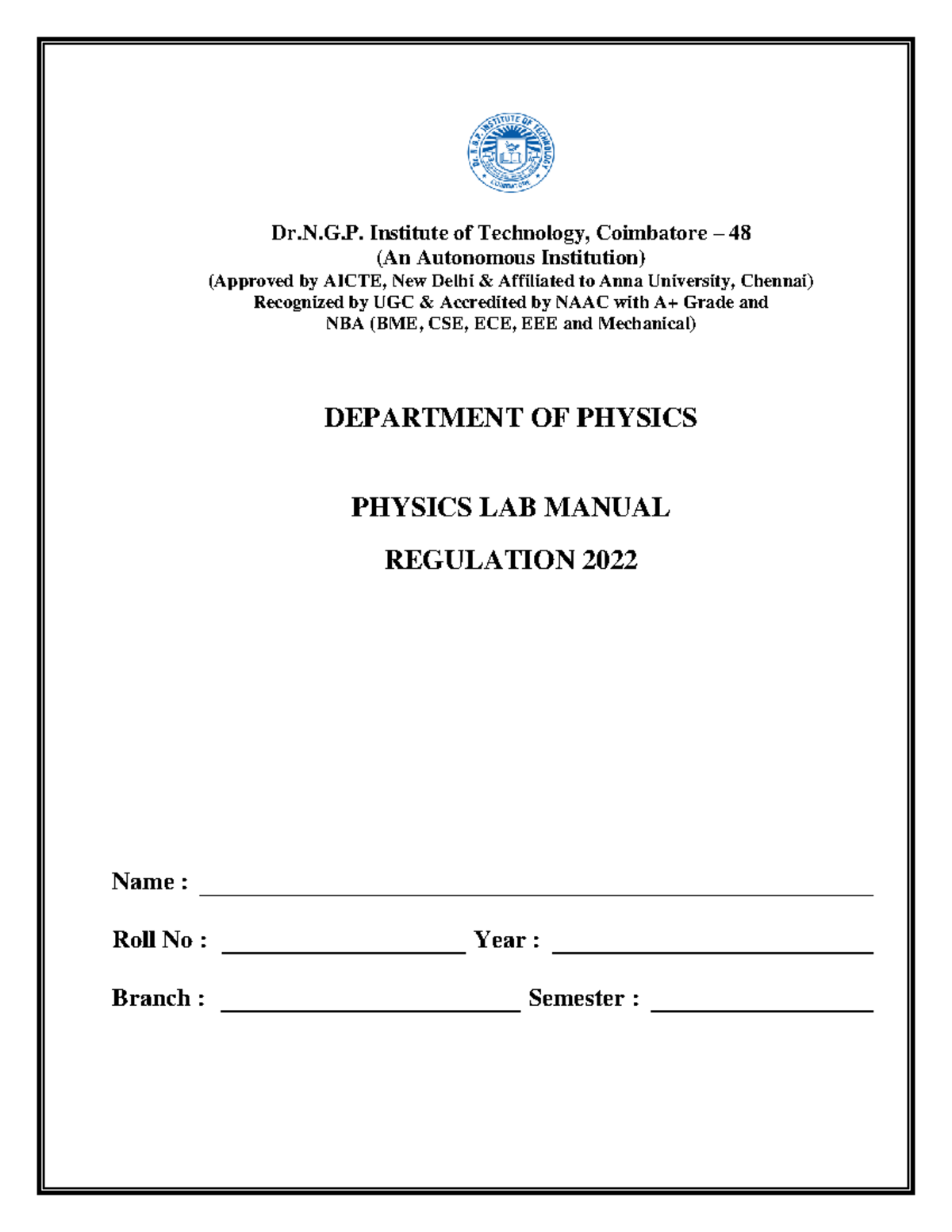 22UBS102 Physics lab Manual (Students) Dr.N.G. Institute of
