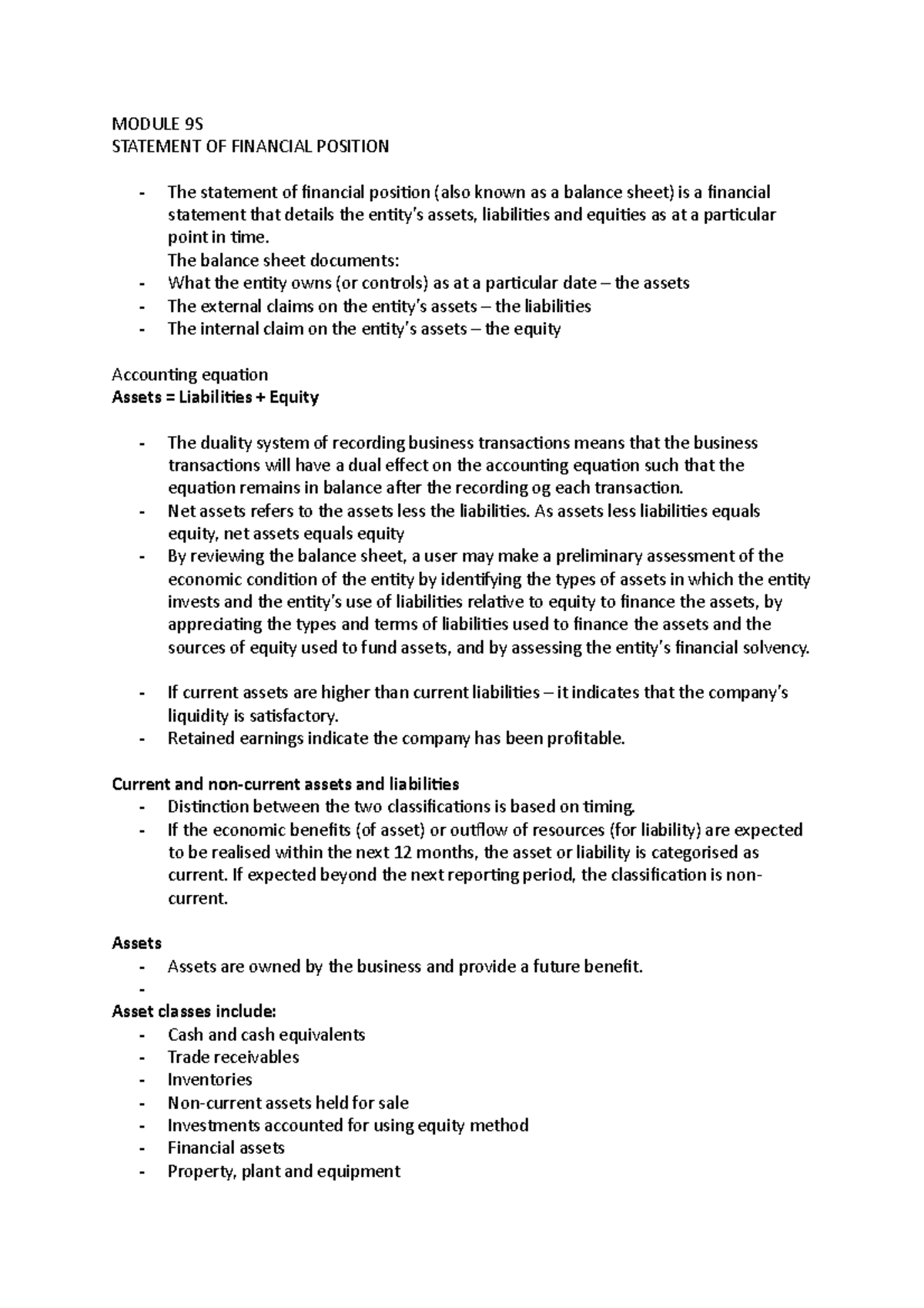 Module 9 - Balance sheet (Statement of Financial Position) introduction ...