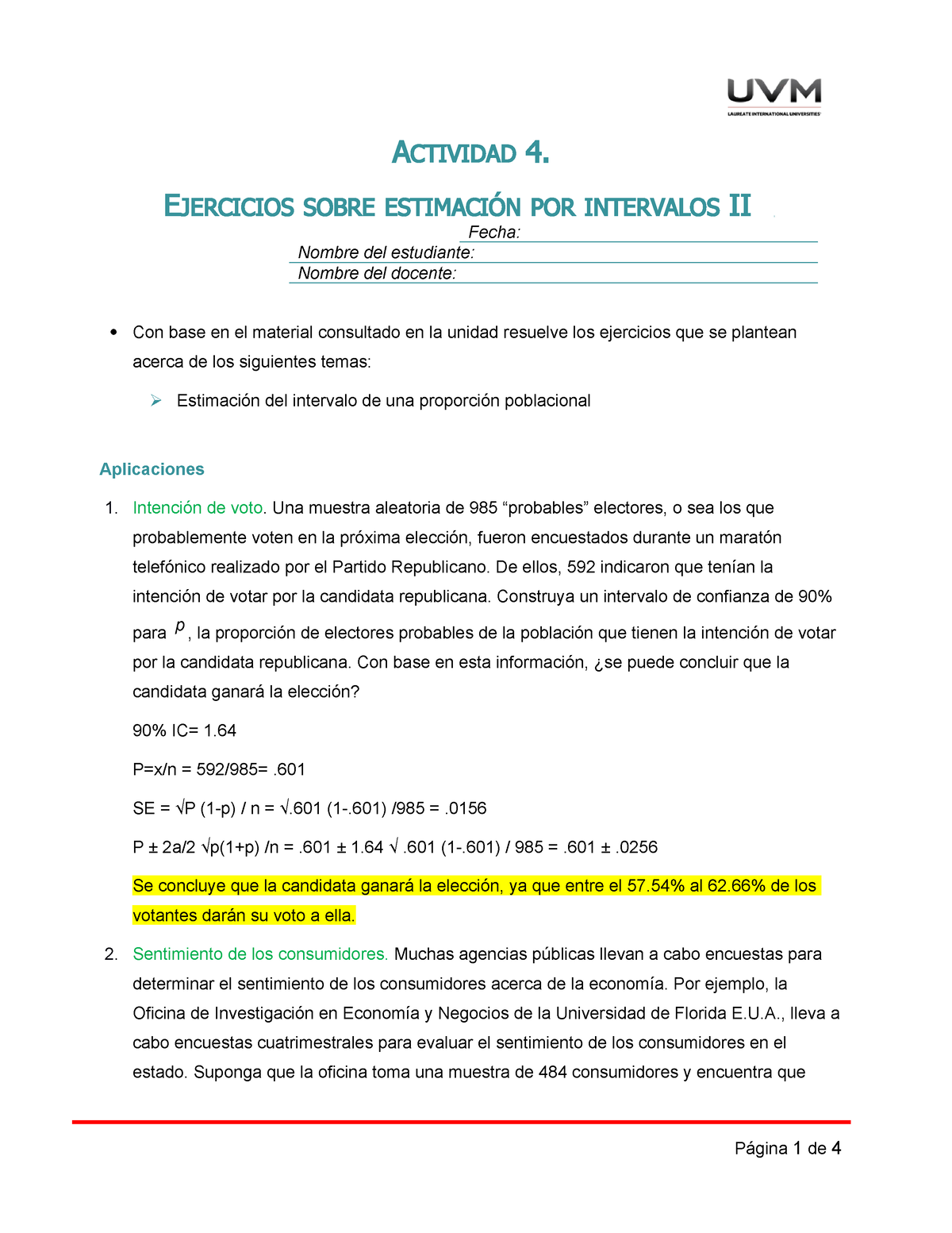 Uvm Estadistica Inferencial A4 Ejercicios Actividad 4 Ejercicios