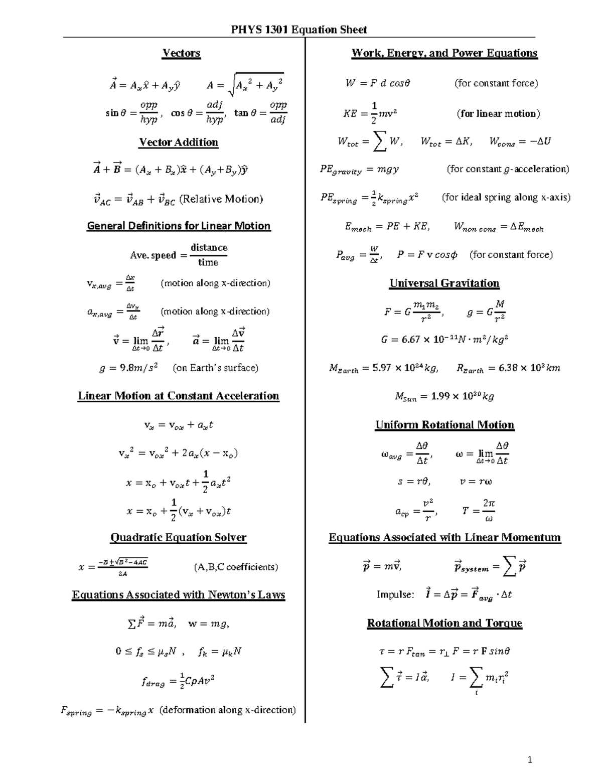 Physics formula sheet - PHYS 1301 Equation Sheet 1 Vectors Work, Energy ...