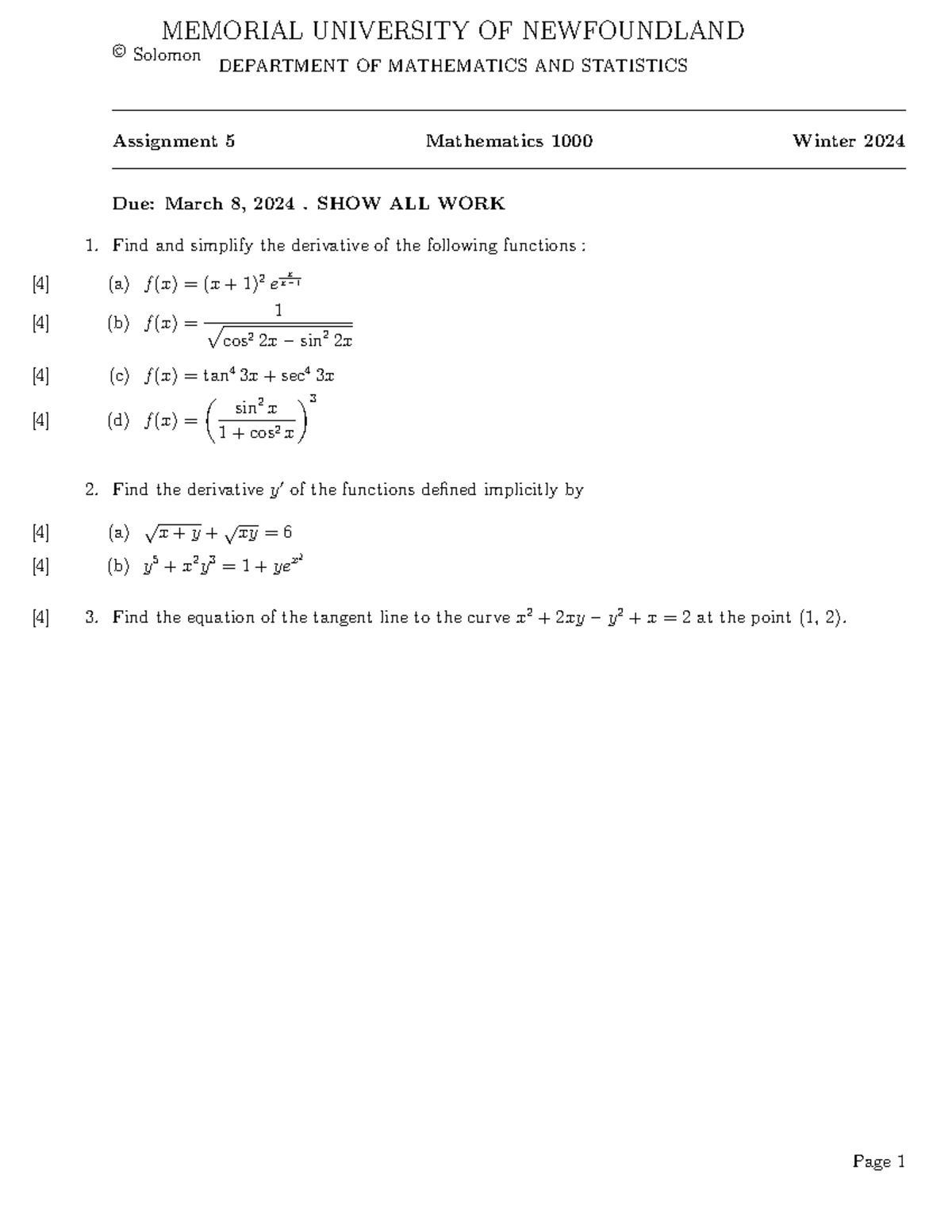 Assn5W24 - This is math1000 assignment - © Solomon MEMORIAL UNIVERSITY ...
