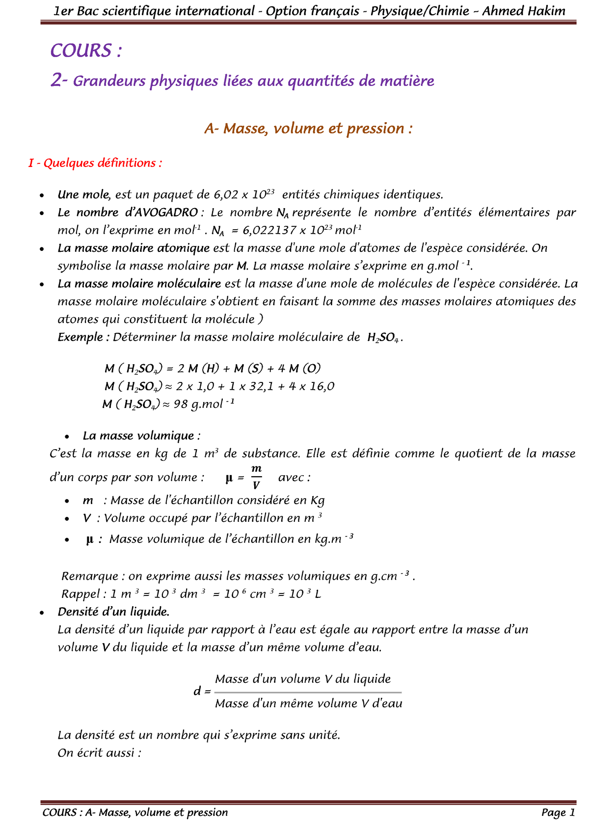 Grandeurs Physiques Liees A La Quantite De Matiere Cours 3 2 - Sciences ...