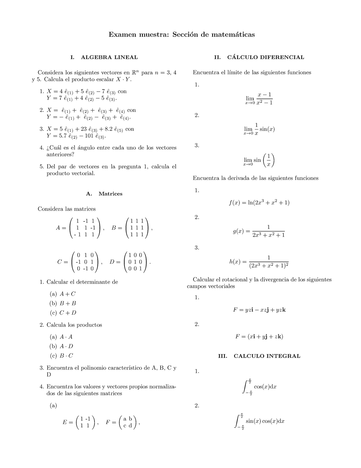 Examen Mate - Examen Muestra: Secci ́on De Matem ́aticas I. ALGEBRA ...