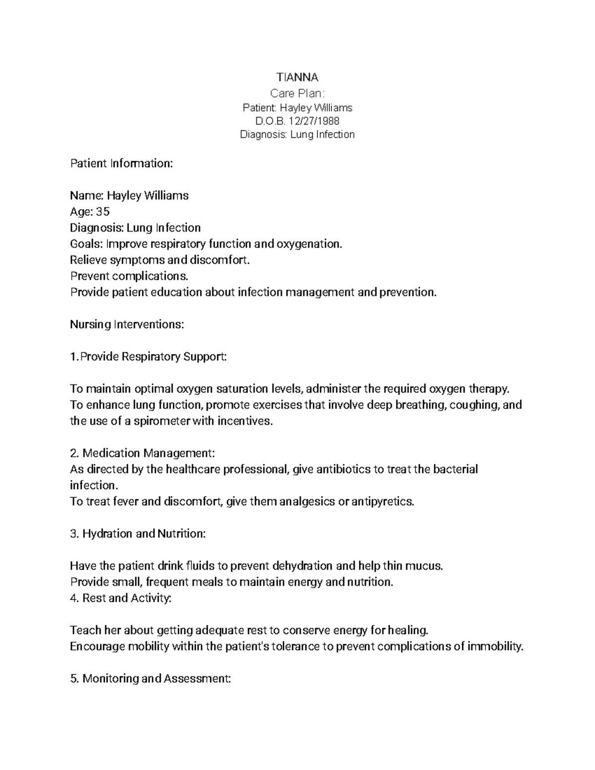 Hand off care plan care plan clinicals TIANNA Care Plan Patient