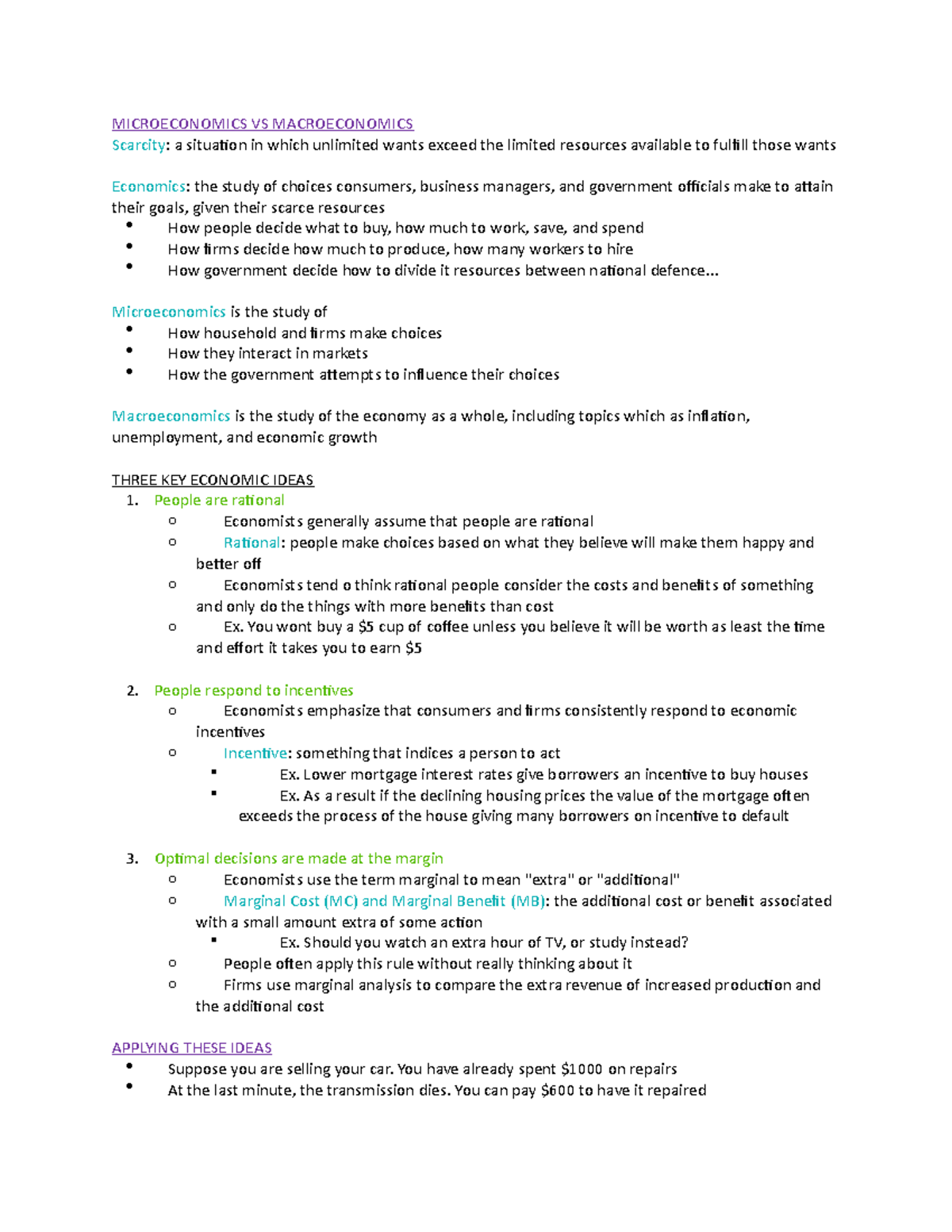 Econ 203 notes - MICROECONOMICS VS MACROECONOMICS Scarcity: a situation ...