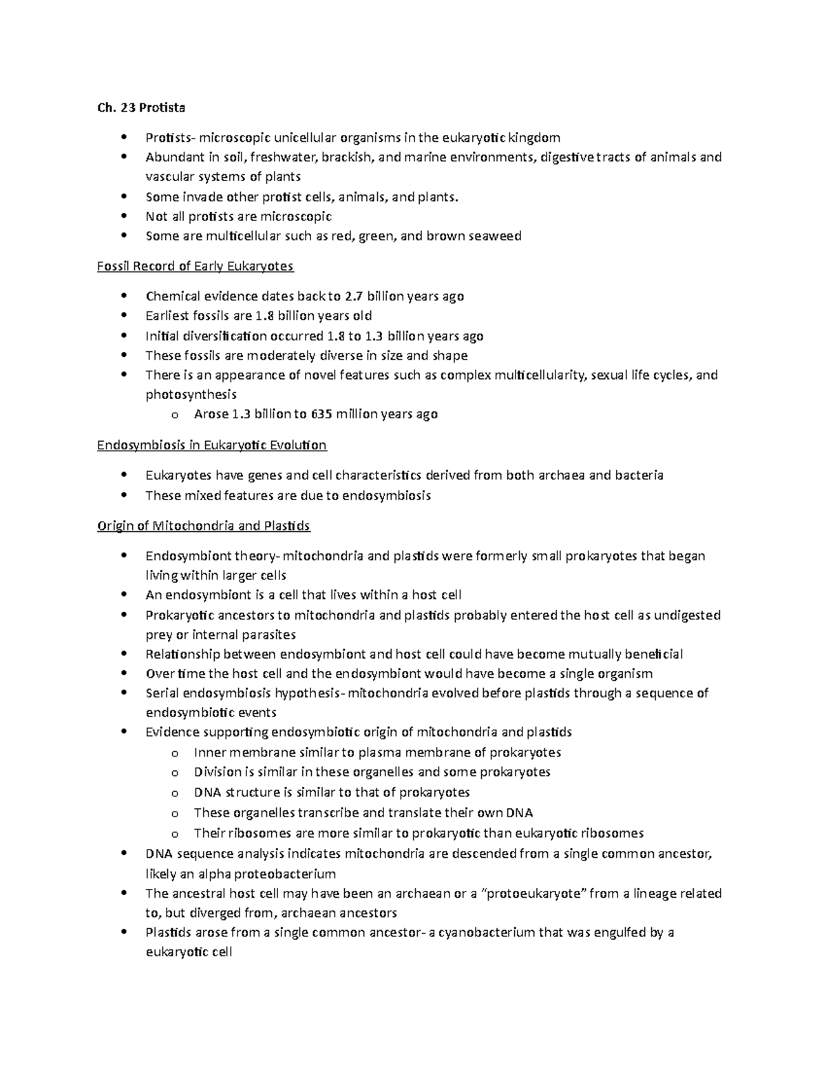 Ch23 Notes - Ch. 23 Protista Protists- microscopic unicellular ...