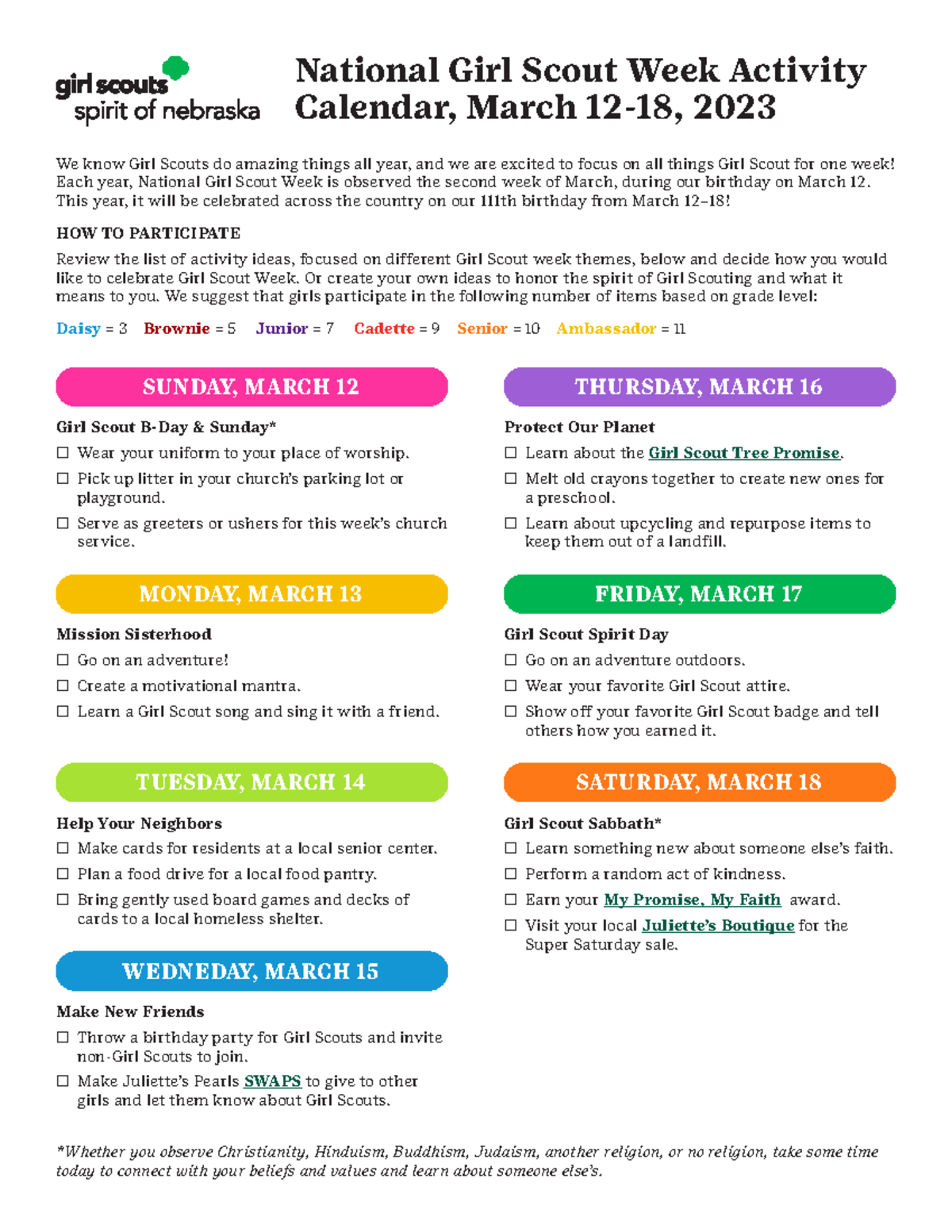 GS Week Activity Calendar 2023 - National Girl Scout Week Activity ...