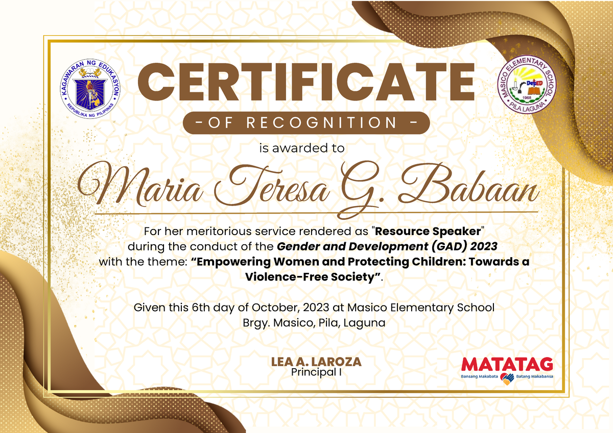 GAD Cert - Gender and Development - Maria Teresa G. Babaan O F R E C O ...