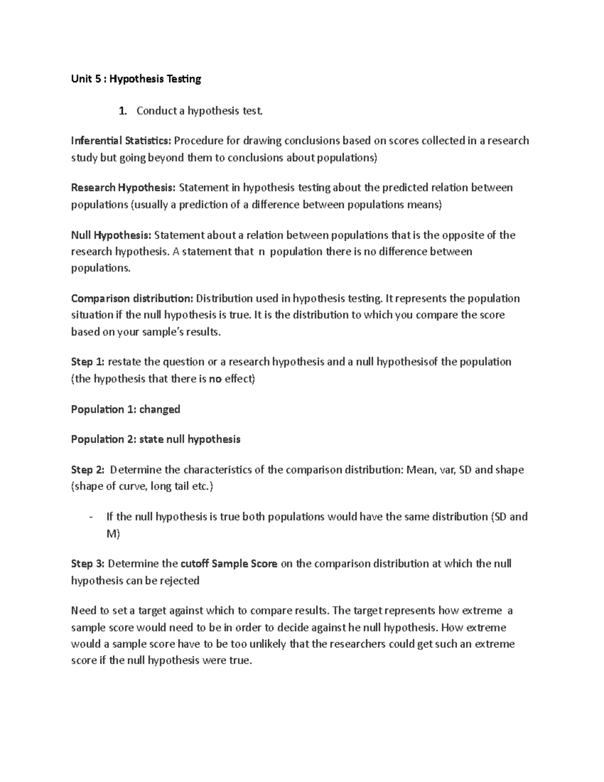 SOCI 301 unit 5 notes - Unit 5 : Hypothesis Testing Conduct a ...