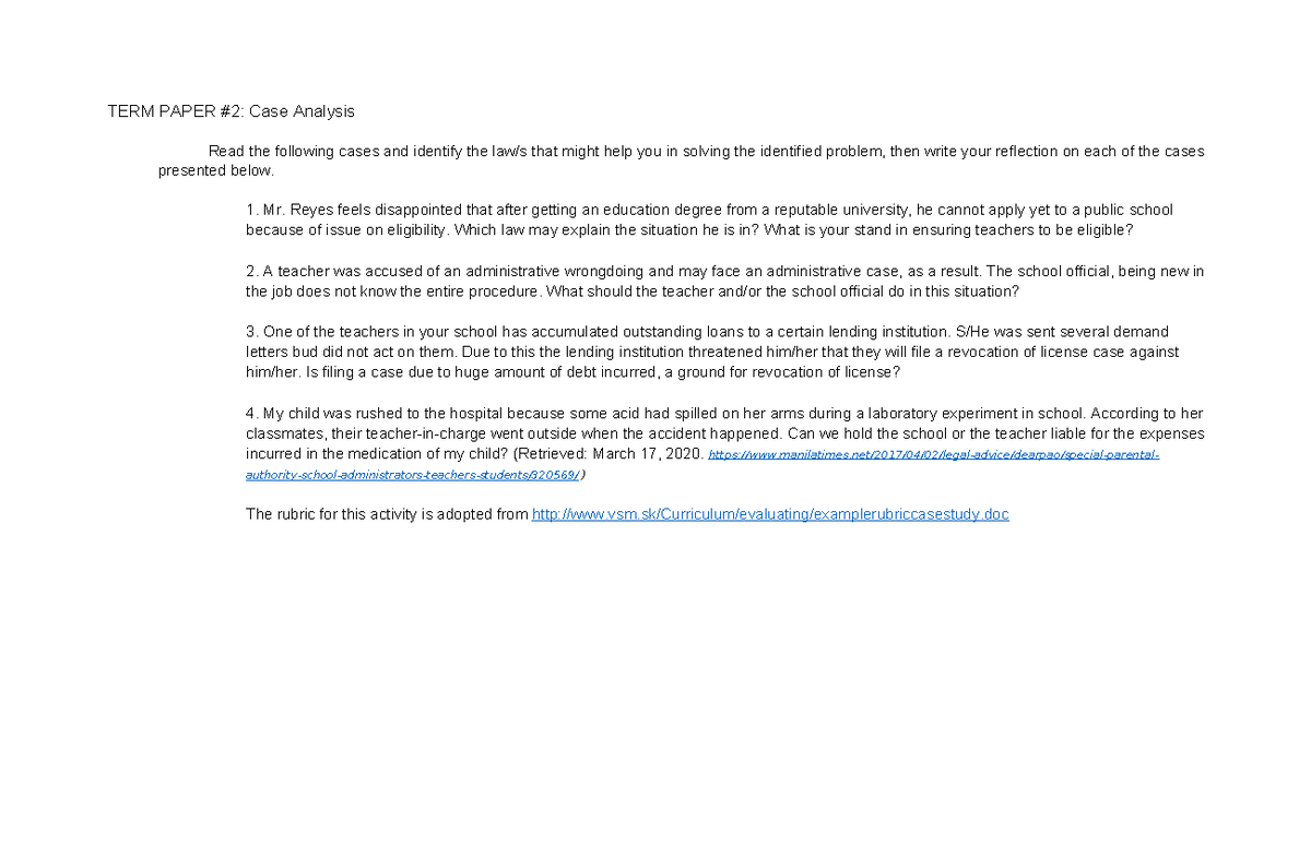 Term Paper #2 Case Analysis - TERM PAPER #2: Case Analysis Read the ...