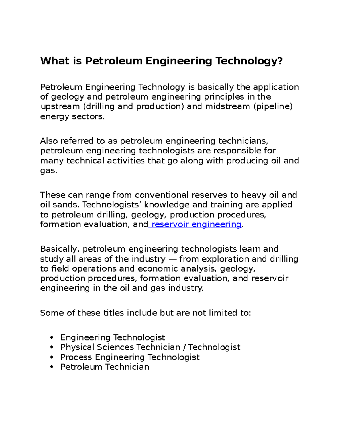 Petroleum technologist about What is Petroleum Engineering Technology