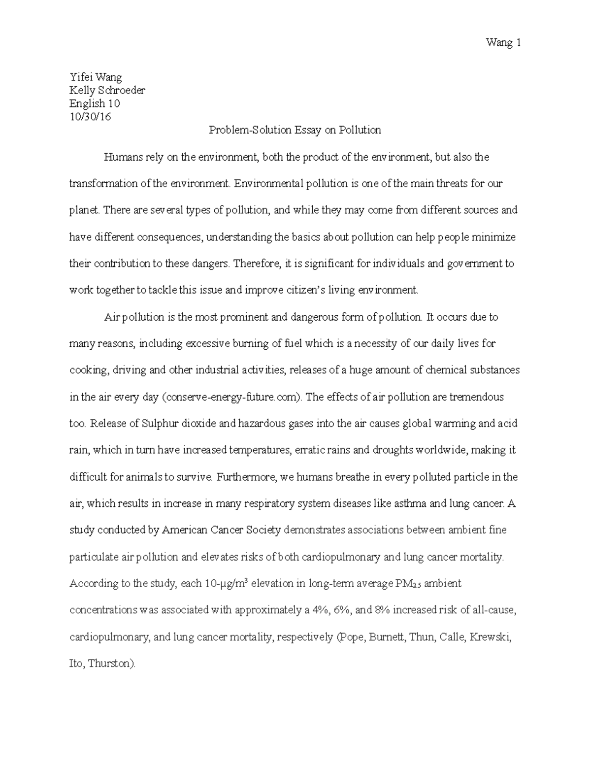 Problem Solution Essay Wang 1 Yifei Wang Kelly Schroeder English 10