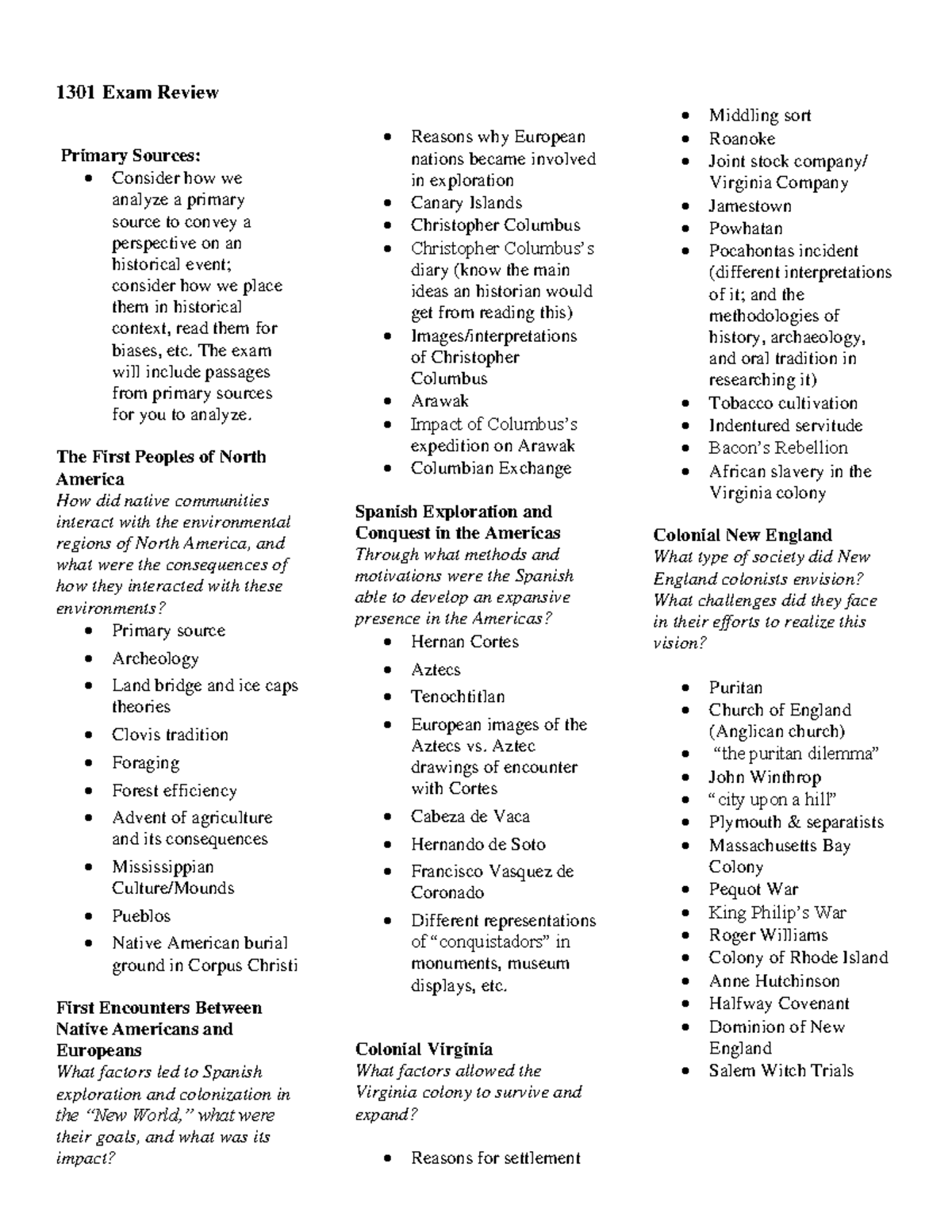 Exam 1 Review 1301 Exam Review Primary Sources Consider how we