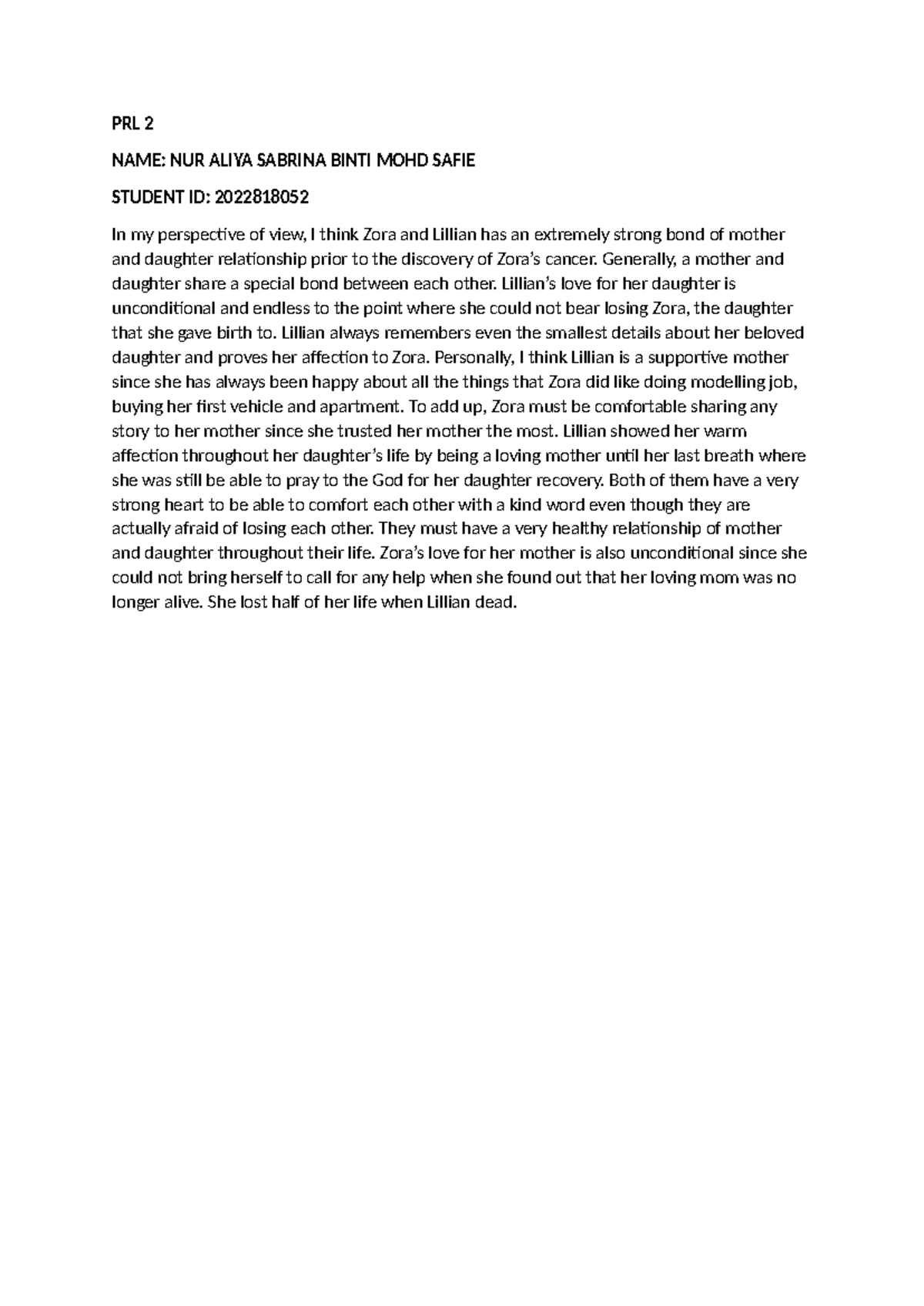 PRL 2 EXAMPLE ELC121 TUTO WORK - PRL 2 NAME: NUR ALIYA SABRINA BINTI ...