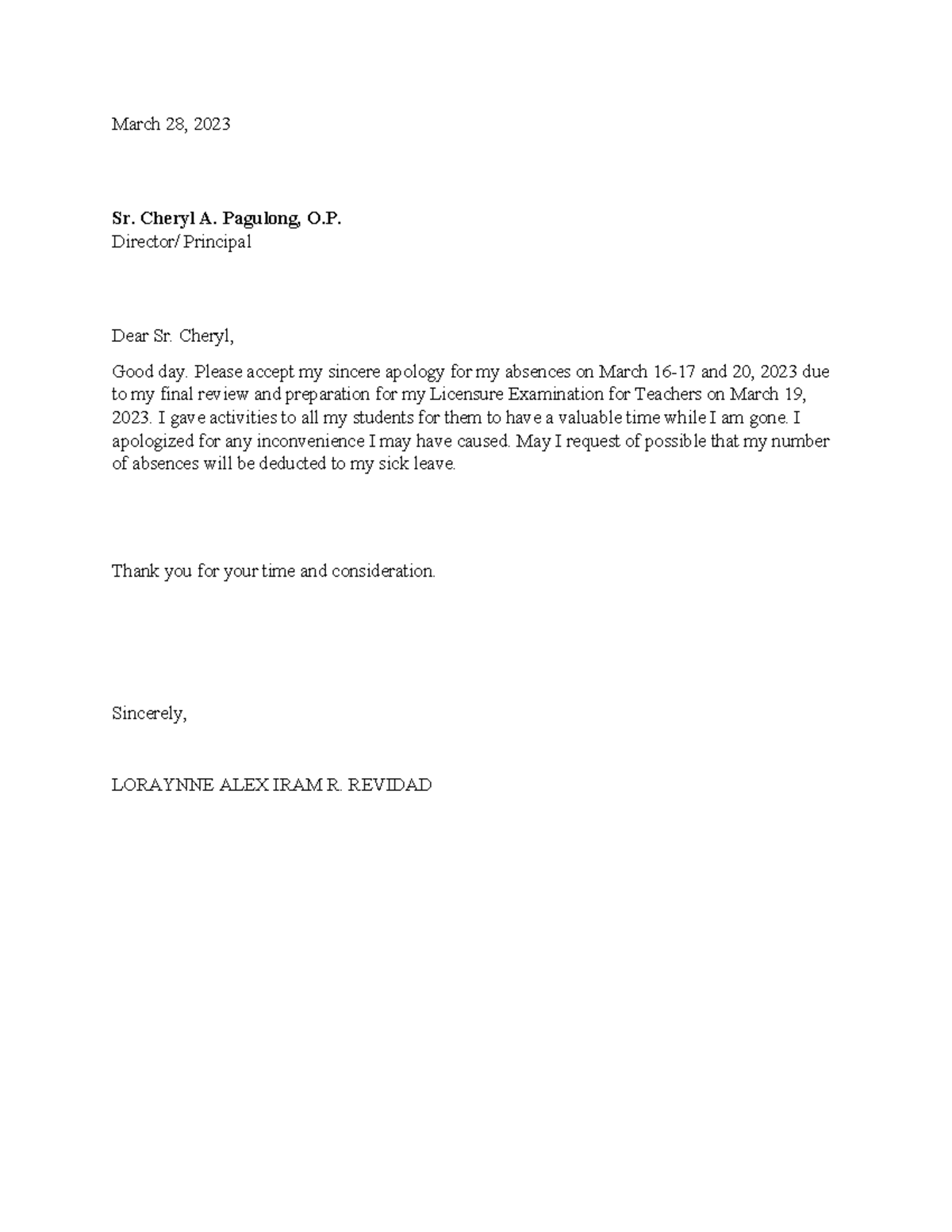 Excuse Letter - March 28, 2023 Sr. Cheryl A. Pagulong, O. Director ...