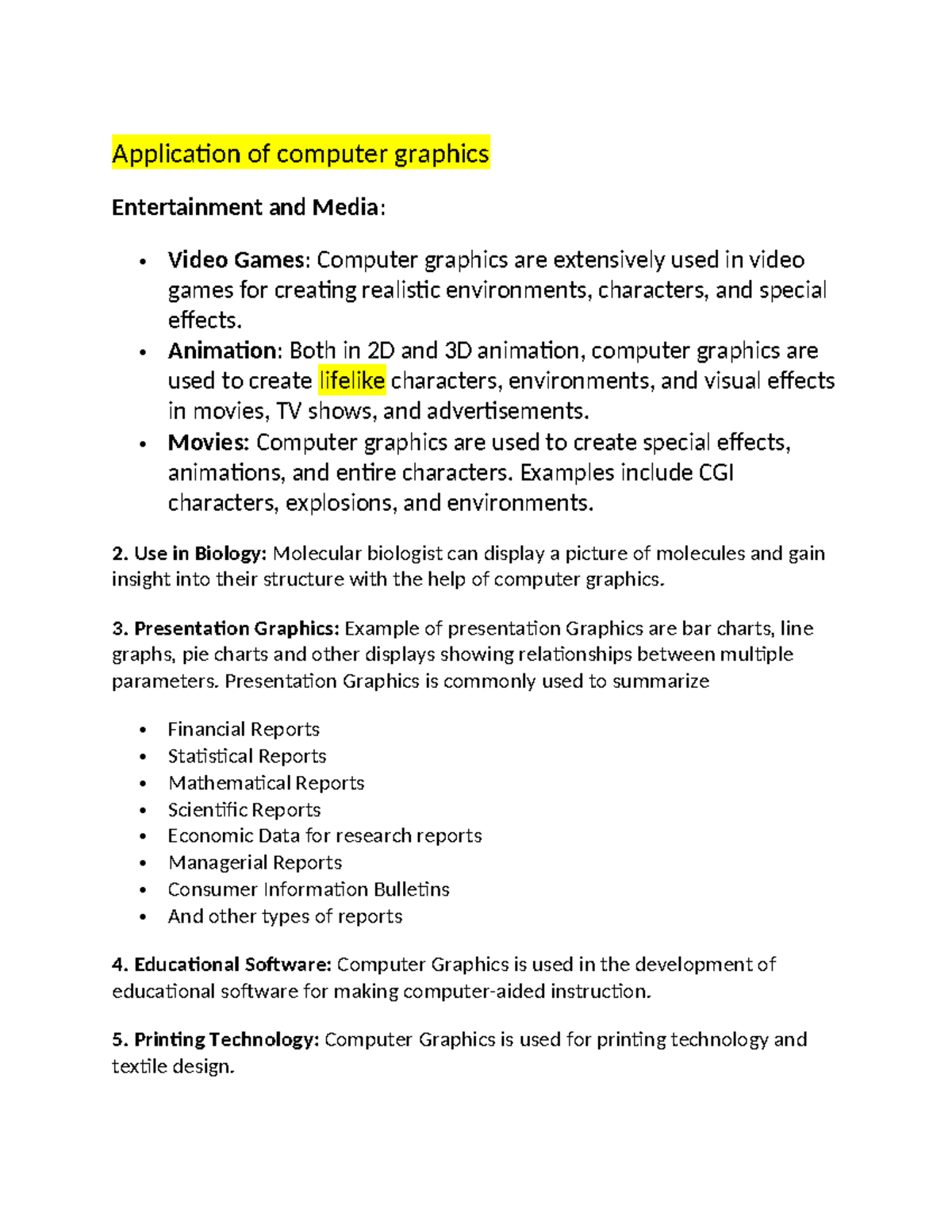 Notes graphics - Application of computer graphics Entertainment and ...