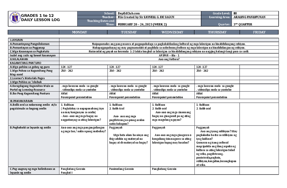 DLL Araling Panlipunan 3 Q3 W2 - GRADES 1 to 12 DAILY LESSON LOG School ...