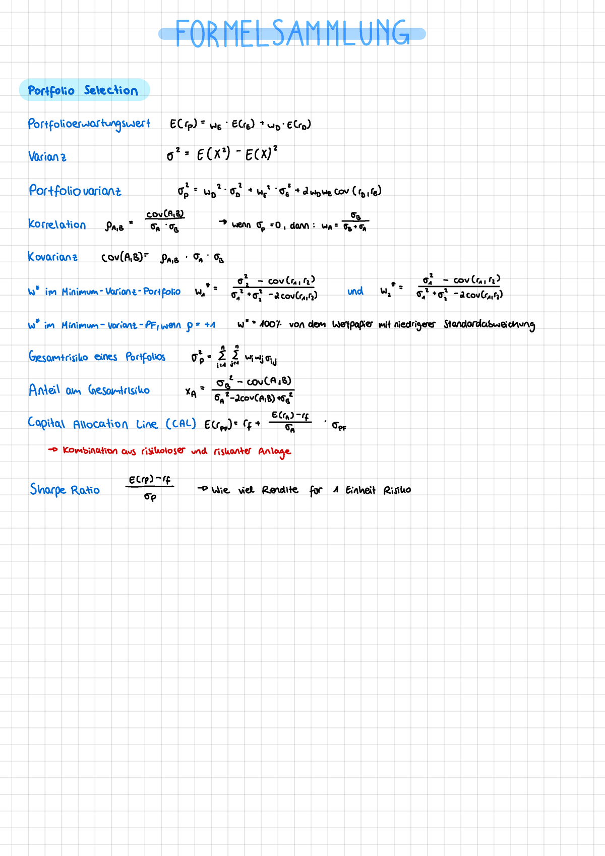 BFIN Formelsammlung - Wintersemester 21/22 - S W G Portfolio Selection ...