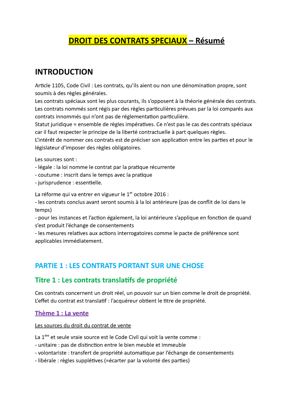 Résumé-contrats - Cours De Droit Des Contrats Spéciaux - DROIT DES ...