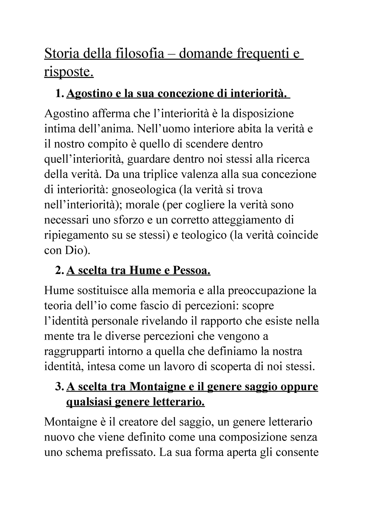 Domande in preparazione all'esame con risposte - Storia della filosofia