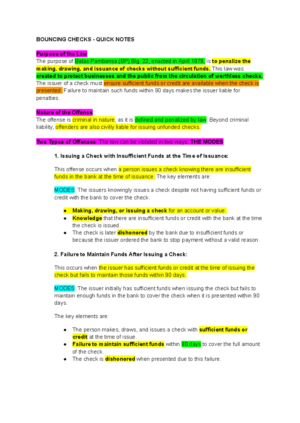 Bouncing Checks - Quick Notes-1 - BOUNCING CHECKS - QUICK NOTES Purpose ...