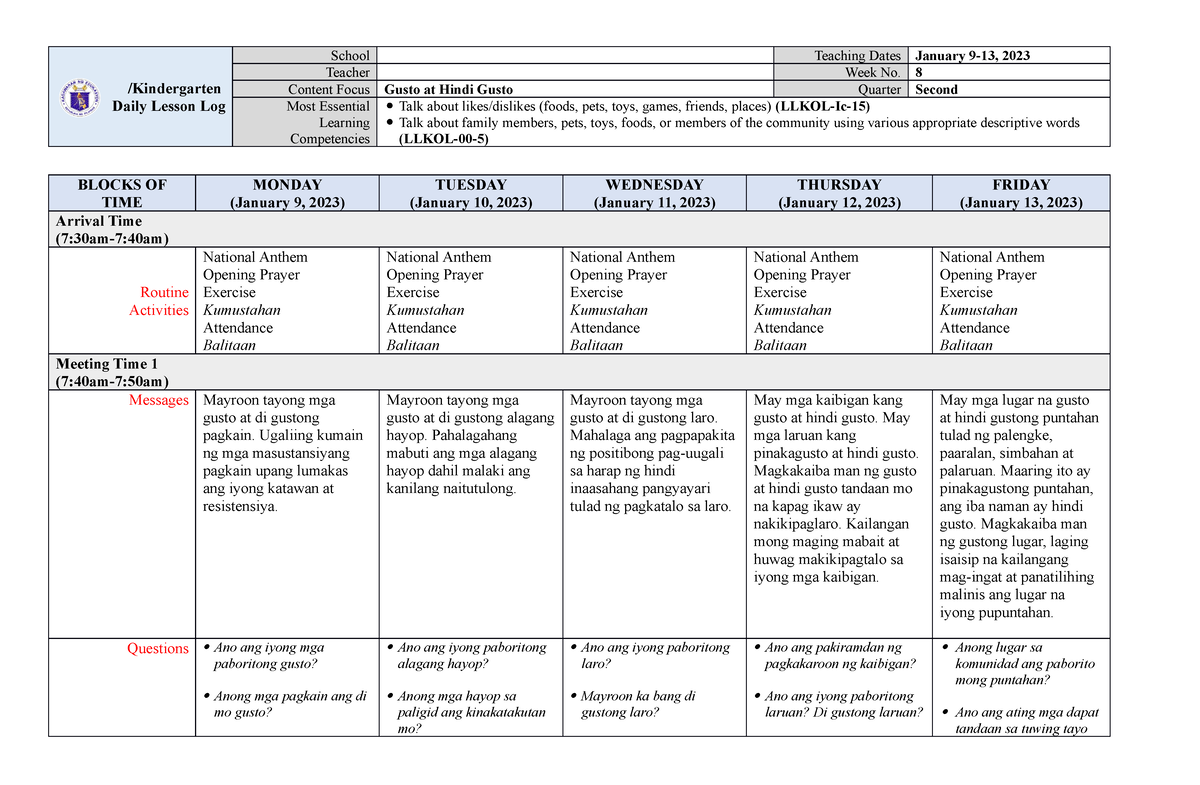 Kindergarten Dll Melc Q2 Week 8 Kindergarten Daily Lesson Log School Teaching Dates January 9 8991