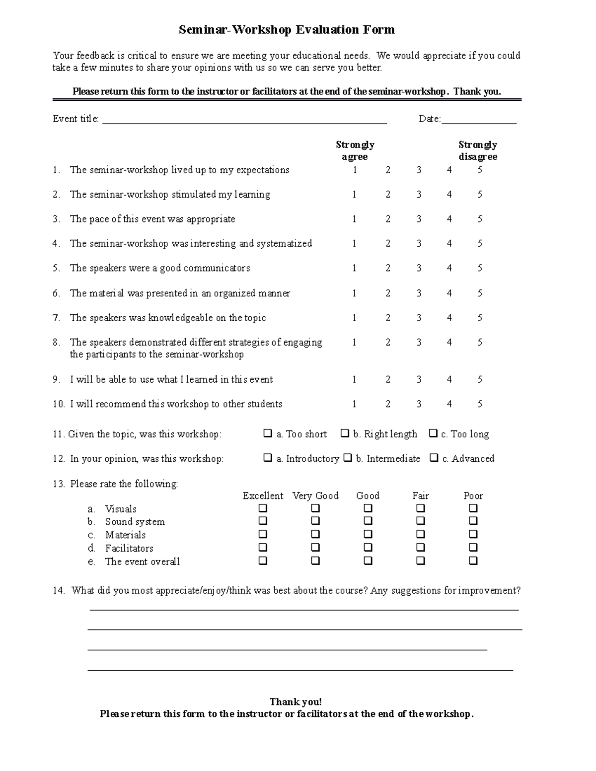 Evaluation form - Seminar-Workshop Evaluation Form Your feedback is ...