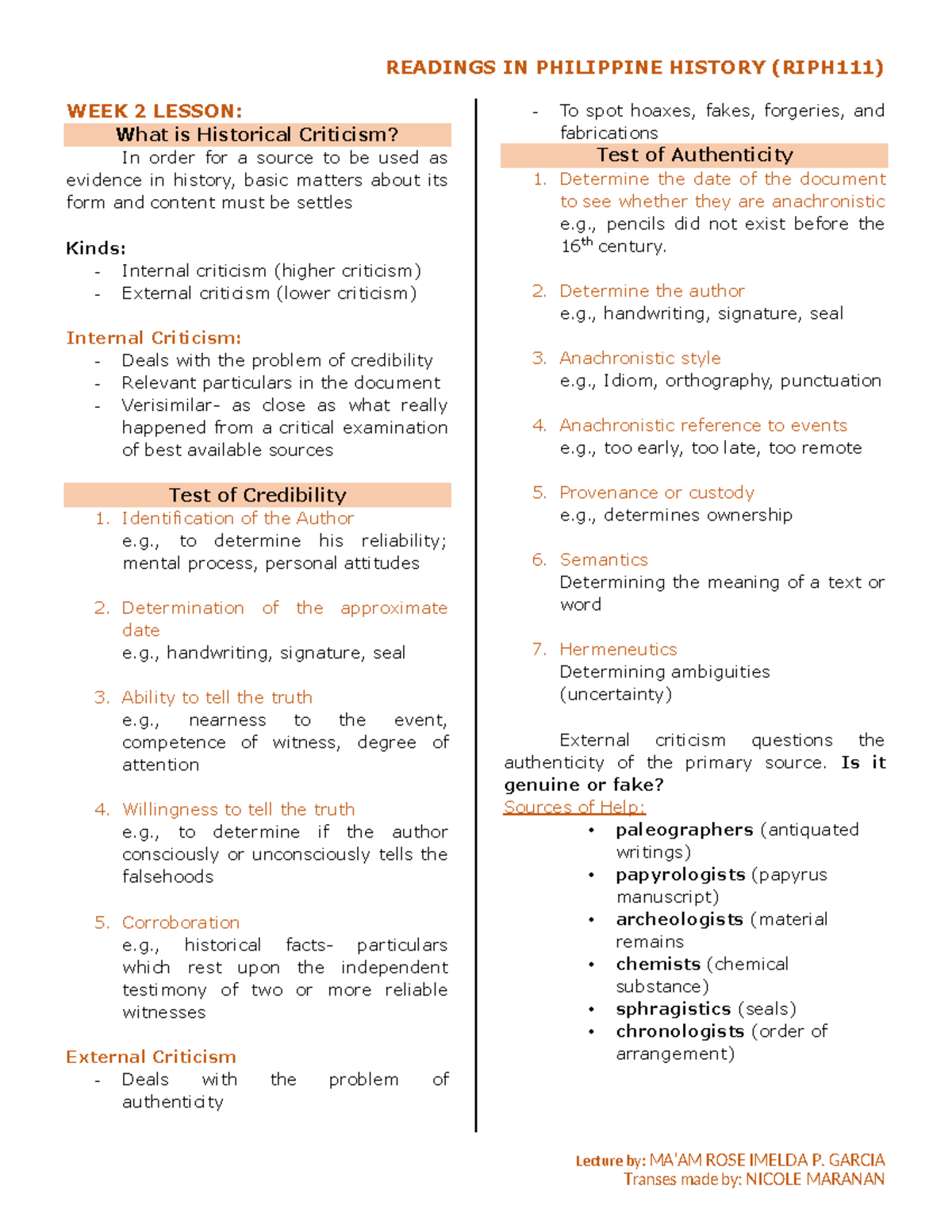 Week 2 Lesson - Notes made by Nicole Maranan (BSMLS) - Lecture by: MA ...