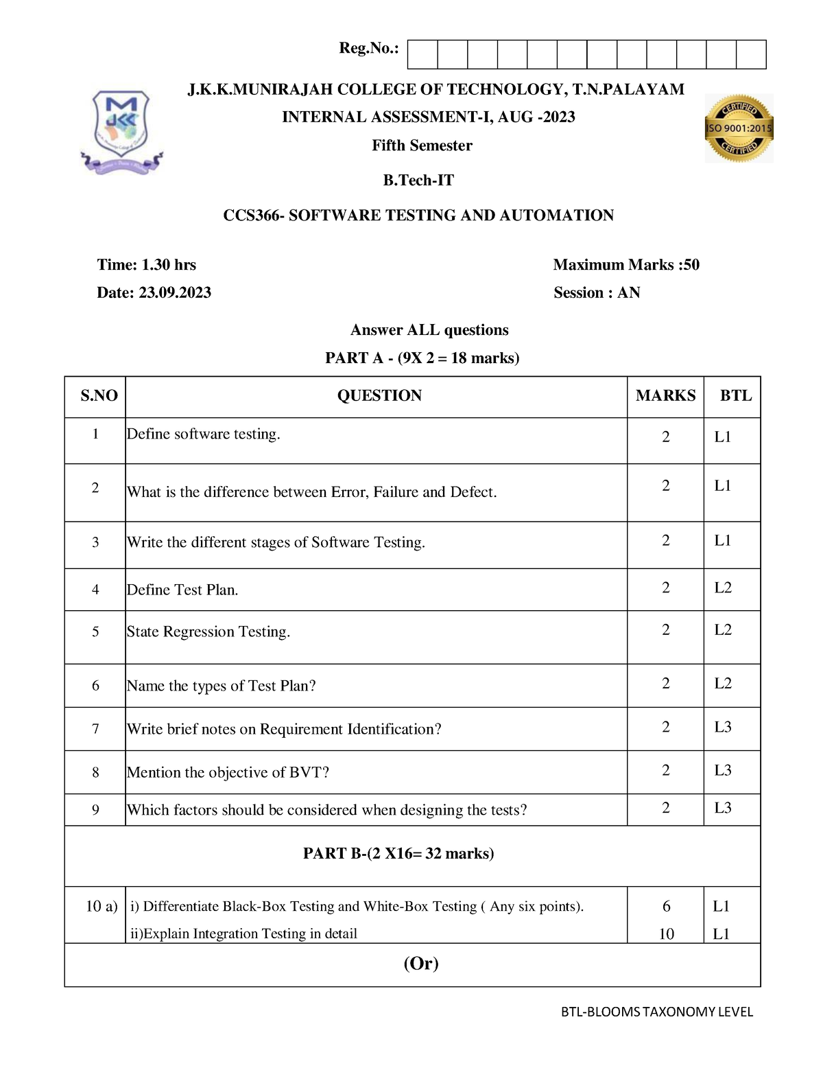 Software Testing and Automation qp Internal 1 - BTL-BLOOMS TAXONOMY ...