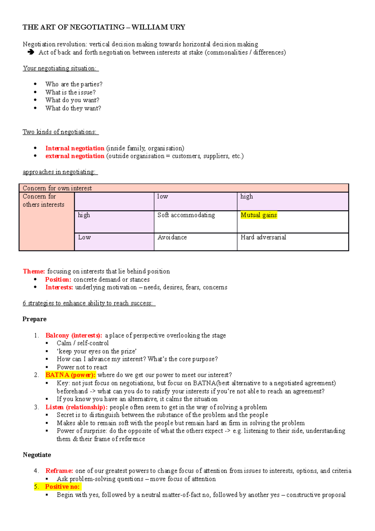 Negotiating summary - THE ART OF NEGOTIATING – WILLIAM URY Negotiation ...