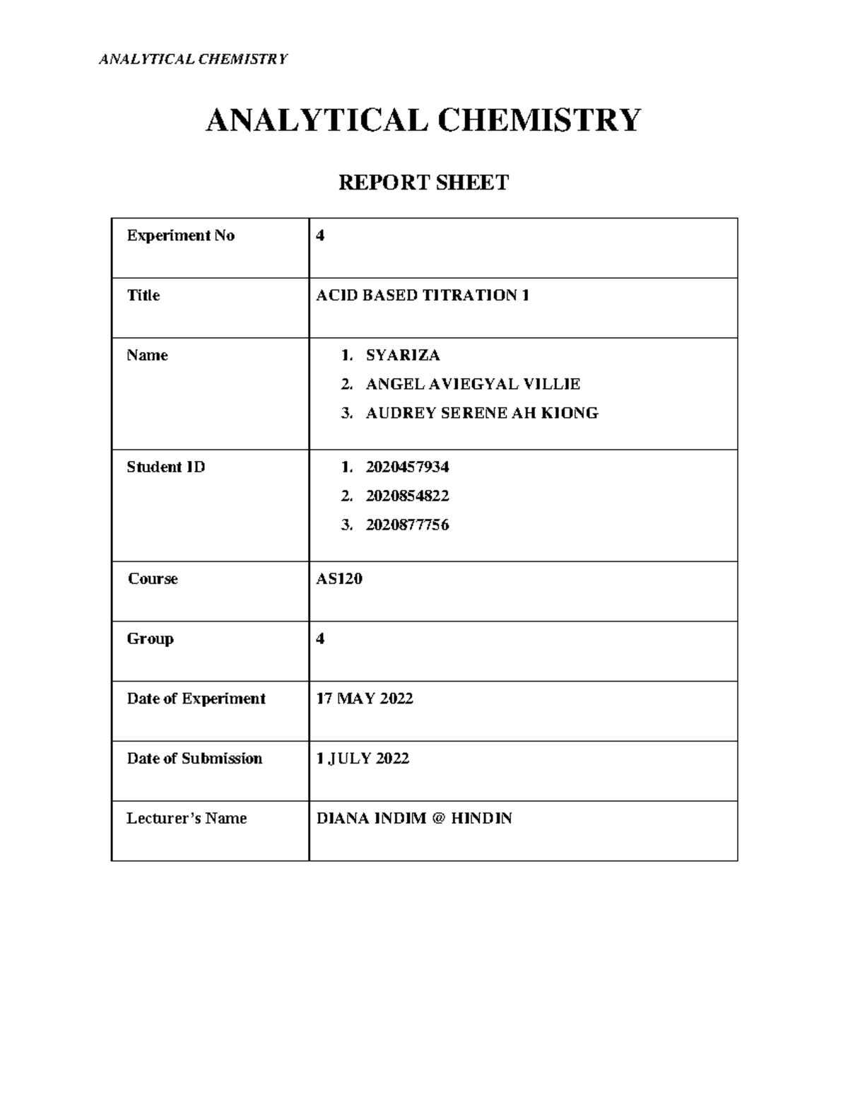 Report Sheet EXP 4 - ACID BASED TITRATION 1 - ANALYTICAL CHEMISTRY ...