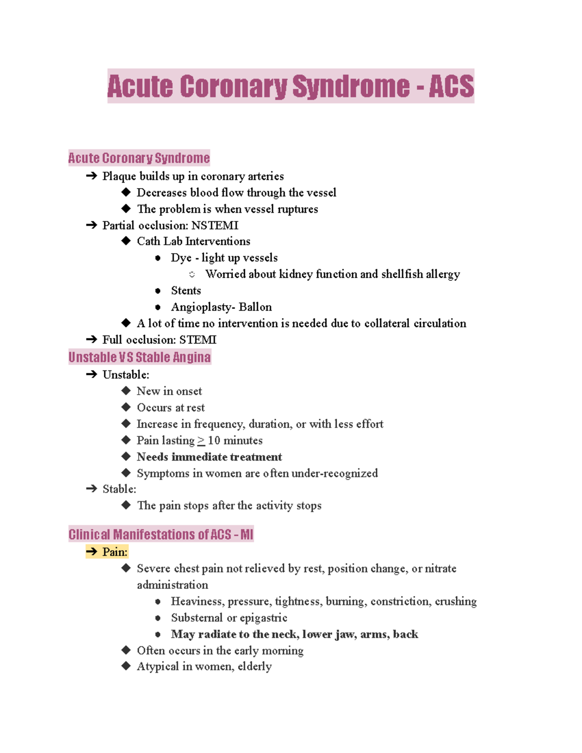 ACS ACS Notes Acute Coronary Syndrome ACS Acute Coronary Syndrome