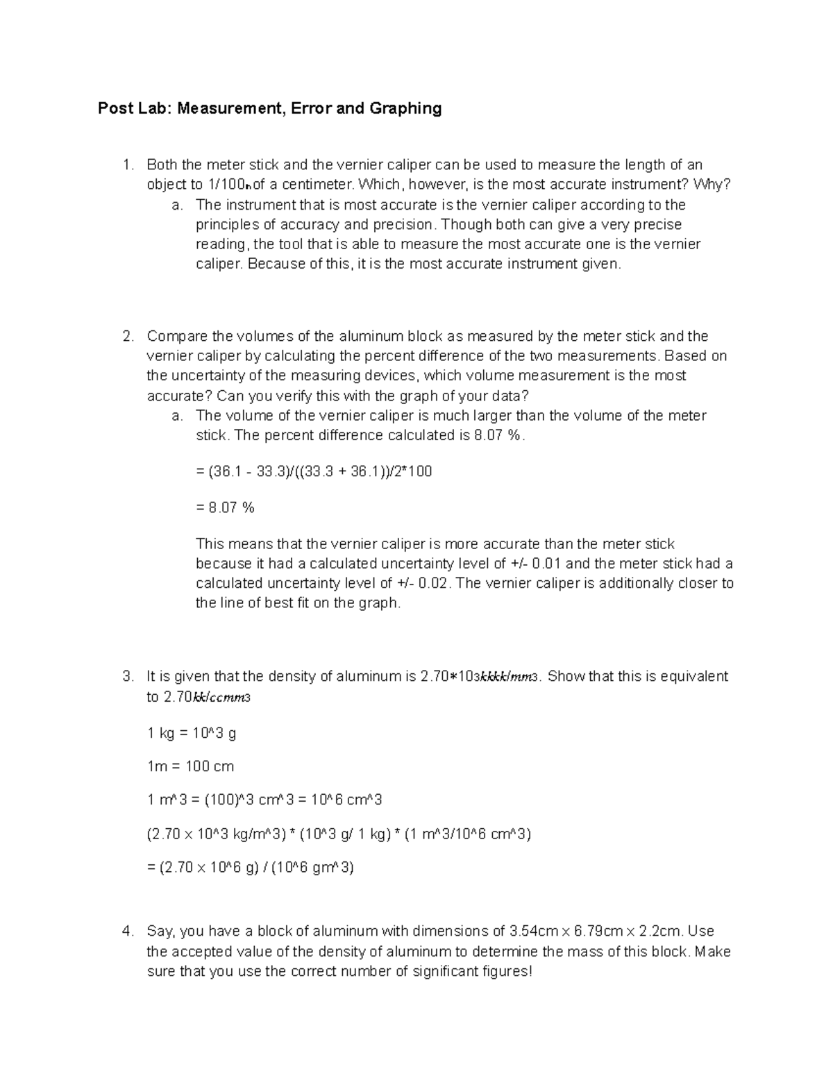 Measurement, Error, and Graphing Post Lab - Post Lab: Measurement ...