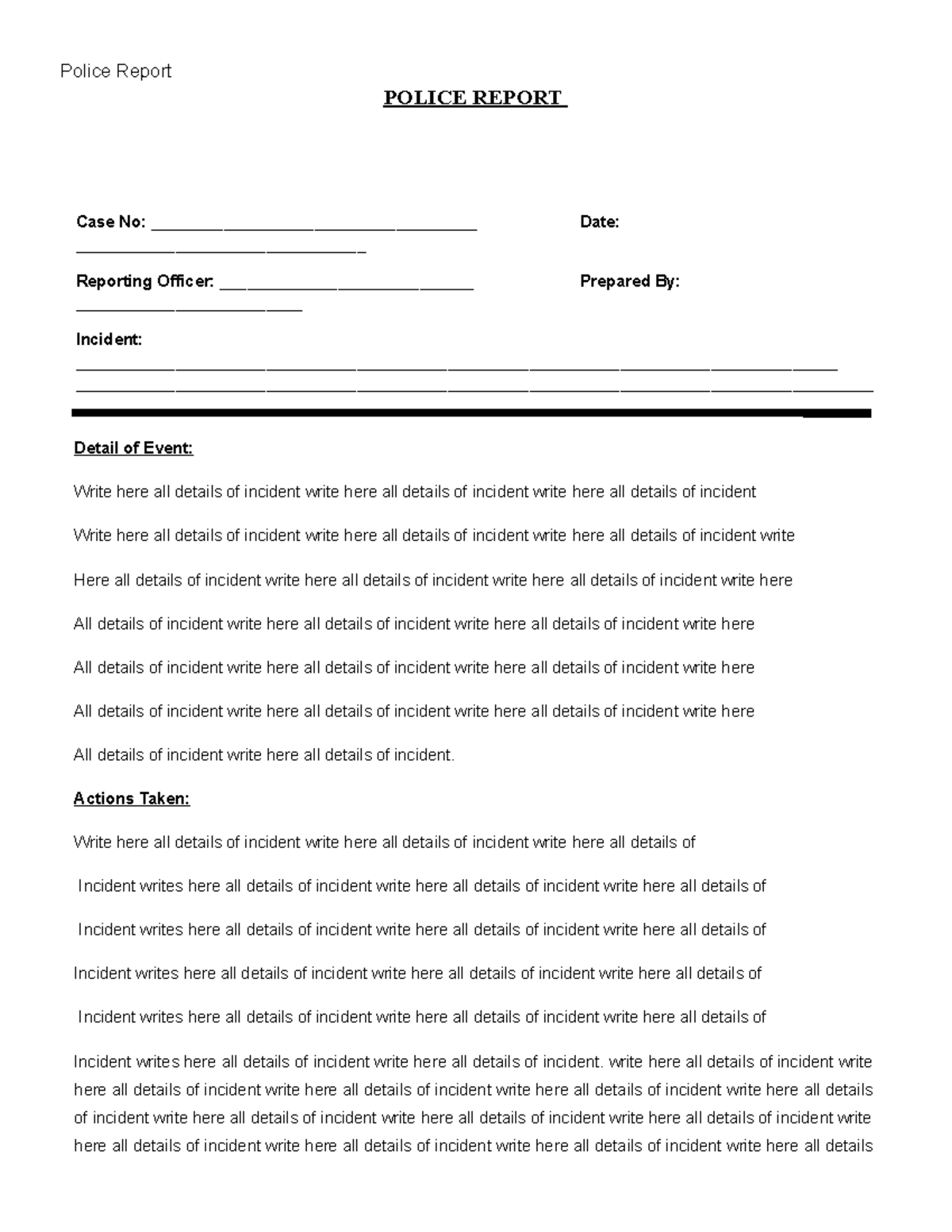 Policereporttemplate POLICE REPORT Case No