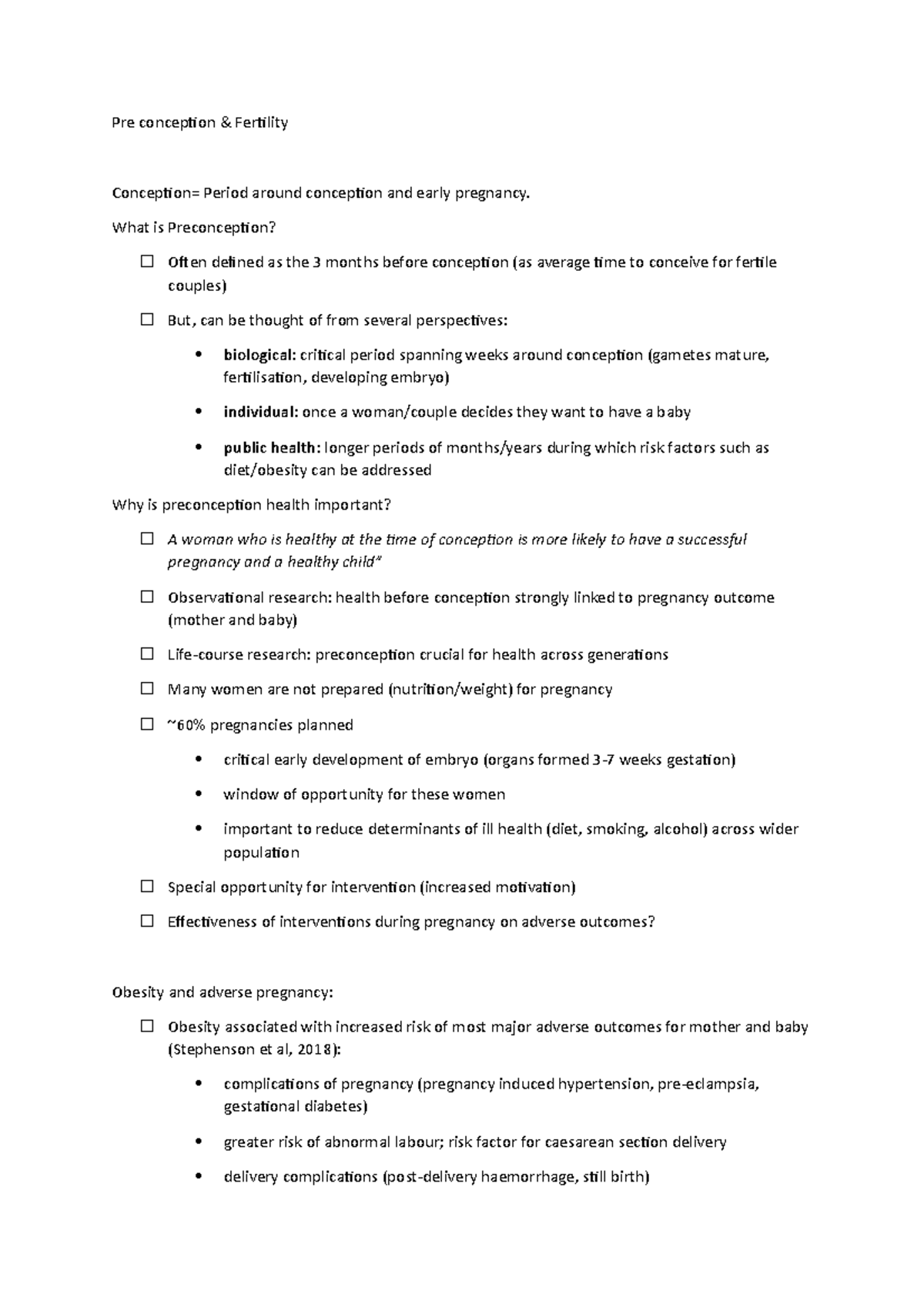 Pre conception - Lecture notes 2 - Pre conception & Fertility ...