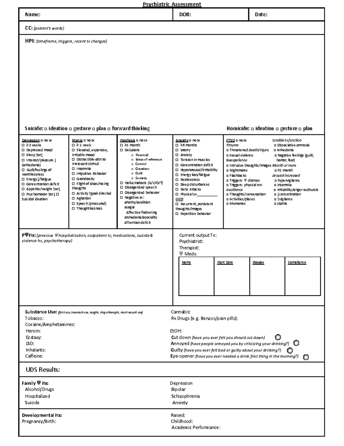 Psych Assessment Version 3.0 Fillable Form - Psychiatric Assessment ...