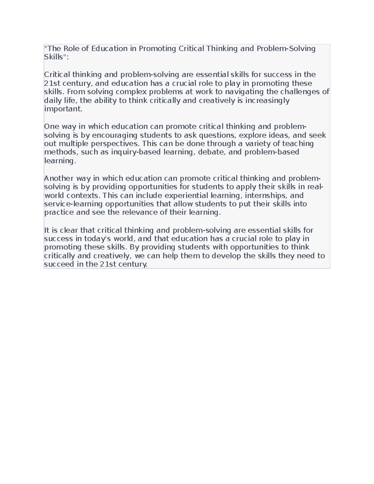The Role of Education in Promoting Critical Thinking and Problem - "The ...
