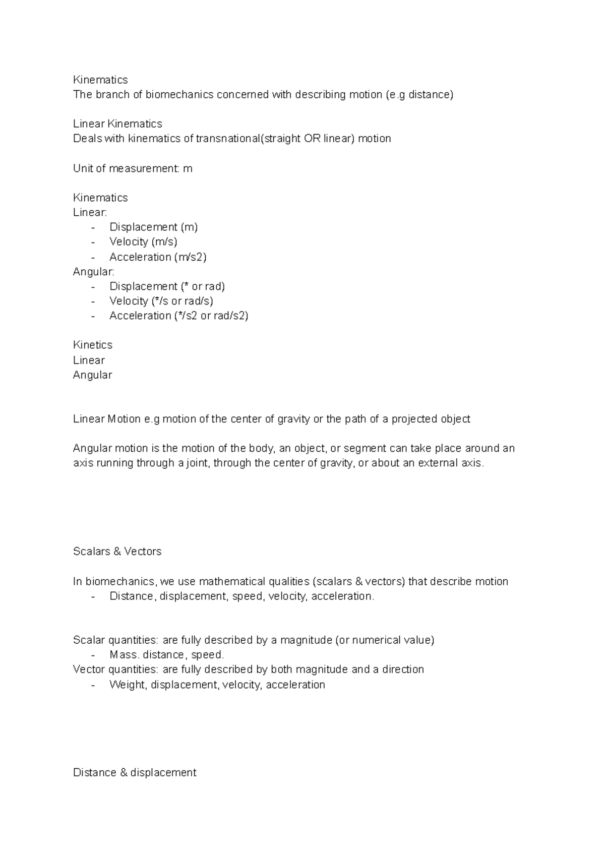 Week 1 Biomechanics - Lecture notes - Kinematics The branch of ...