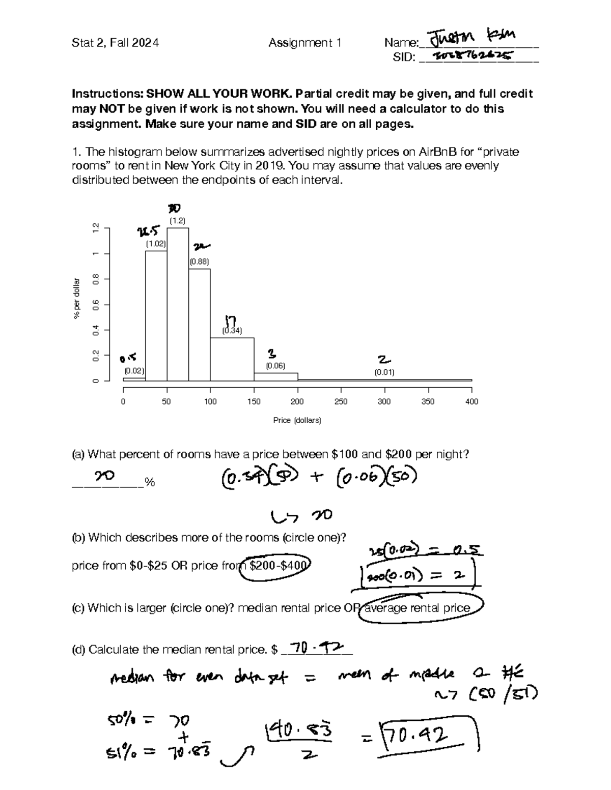 Stat2Fa24Assignment 1 - Stat 2, Fall 2024 Assignment 1 Name ...