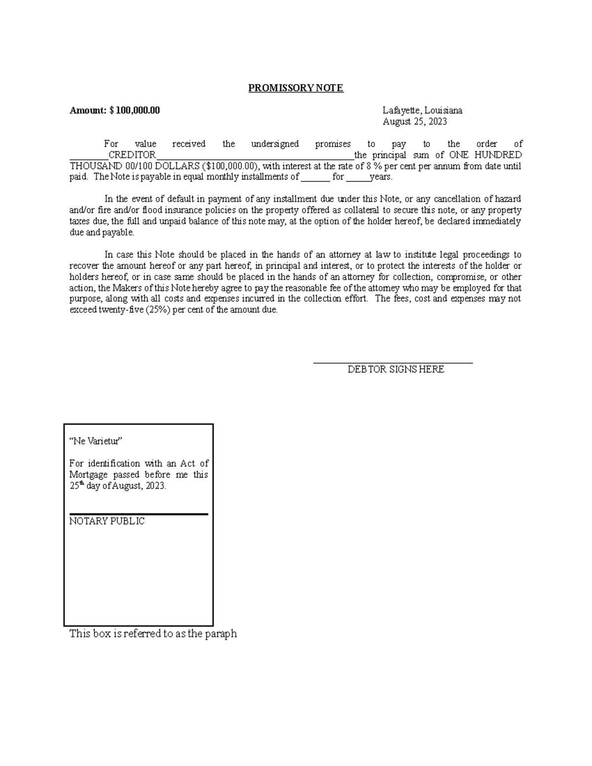 Promissory Note -Revised - PROMISSORY NOTE Amount: $ 100,000 Lafayette ...