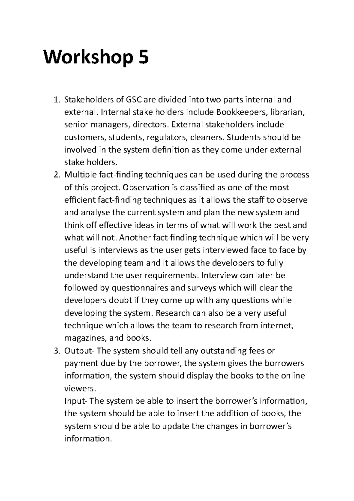 Workshop 1 of system analysis and design answers. detailed answer year ...
